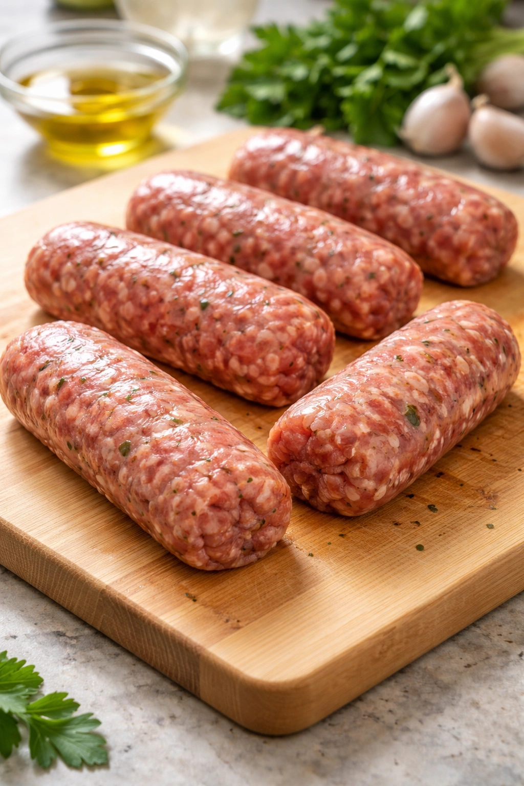 Boneless sausage pieces formed into 3-4 inch links on cutting board
