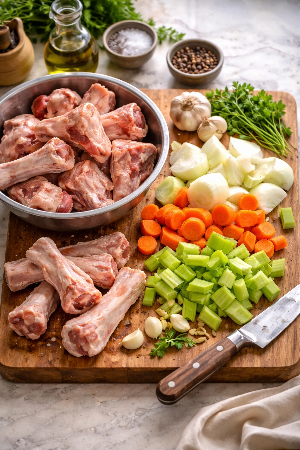 Rinsed bones and rough-cut mirepoix on cutting board ready for broth.
