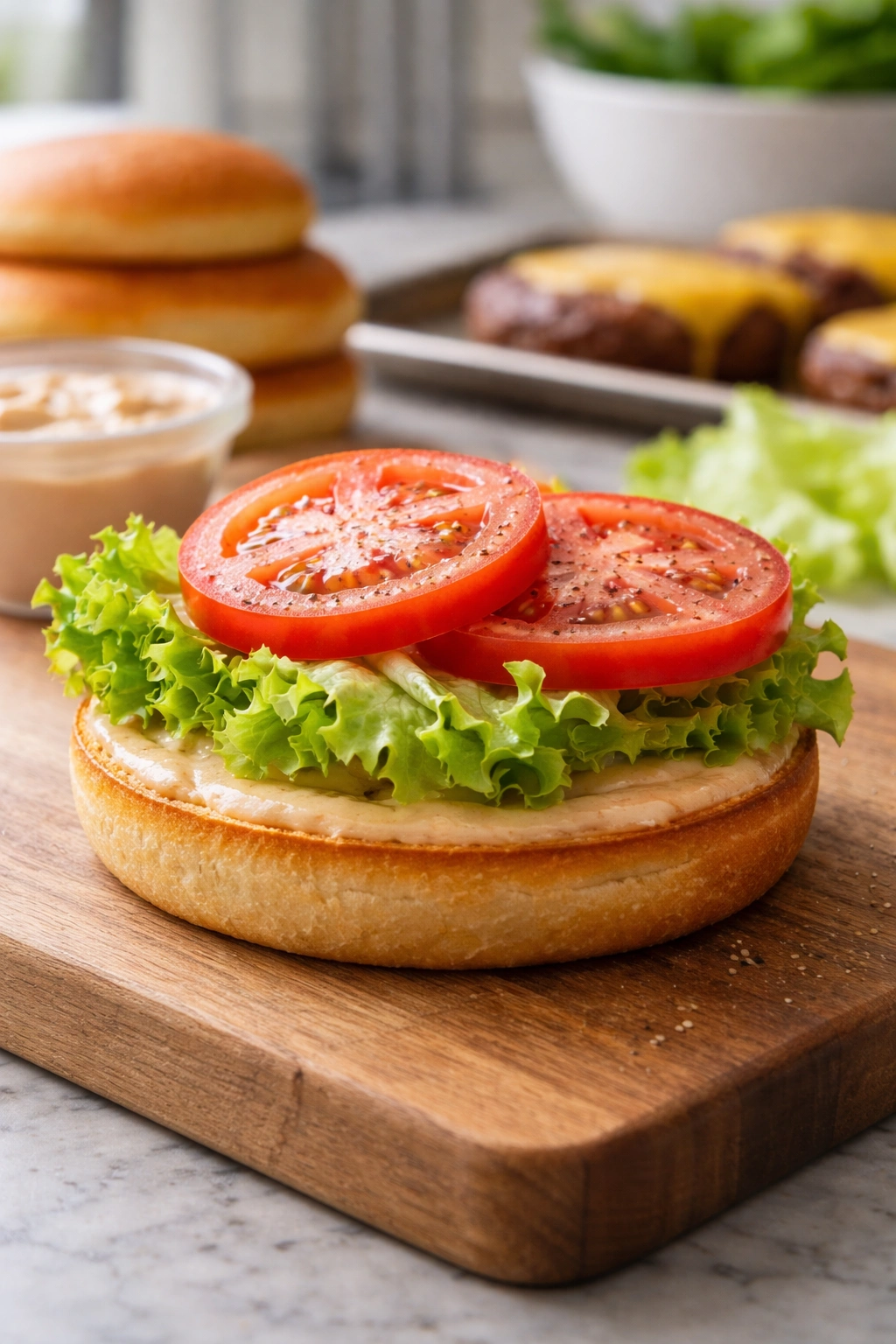 Bottom bun with sauce and lettuce ready for patty