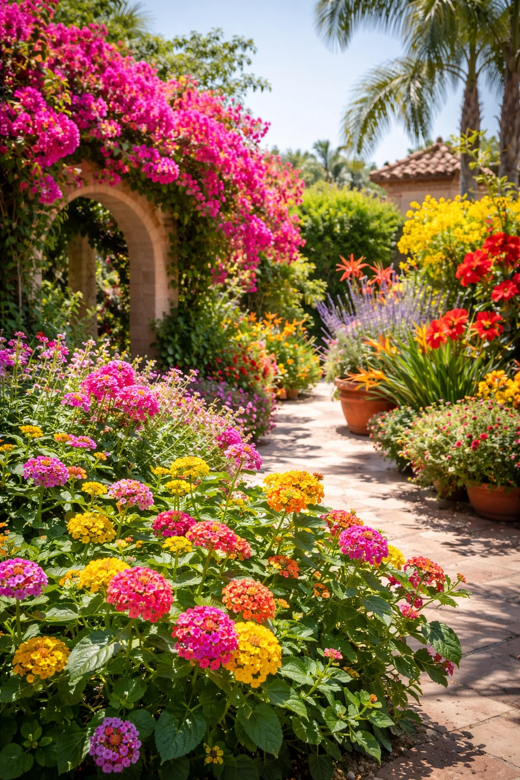 Vibrant flowering plants in bloom in a San Diego garden, featuring bougainvillea and lantana