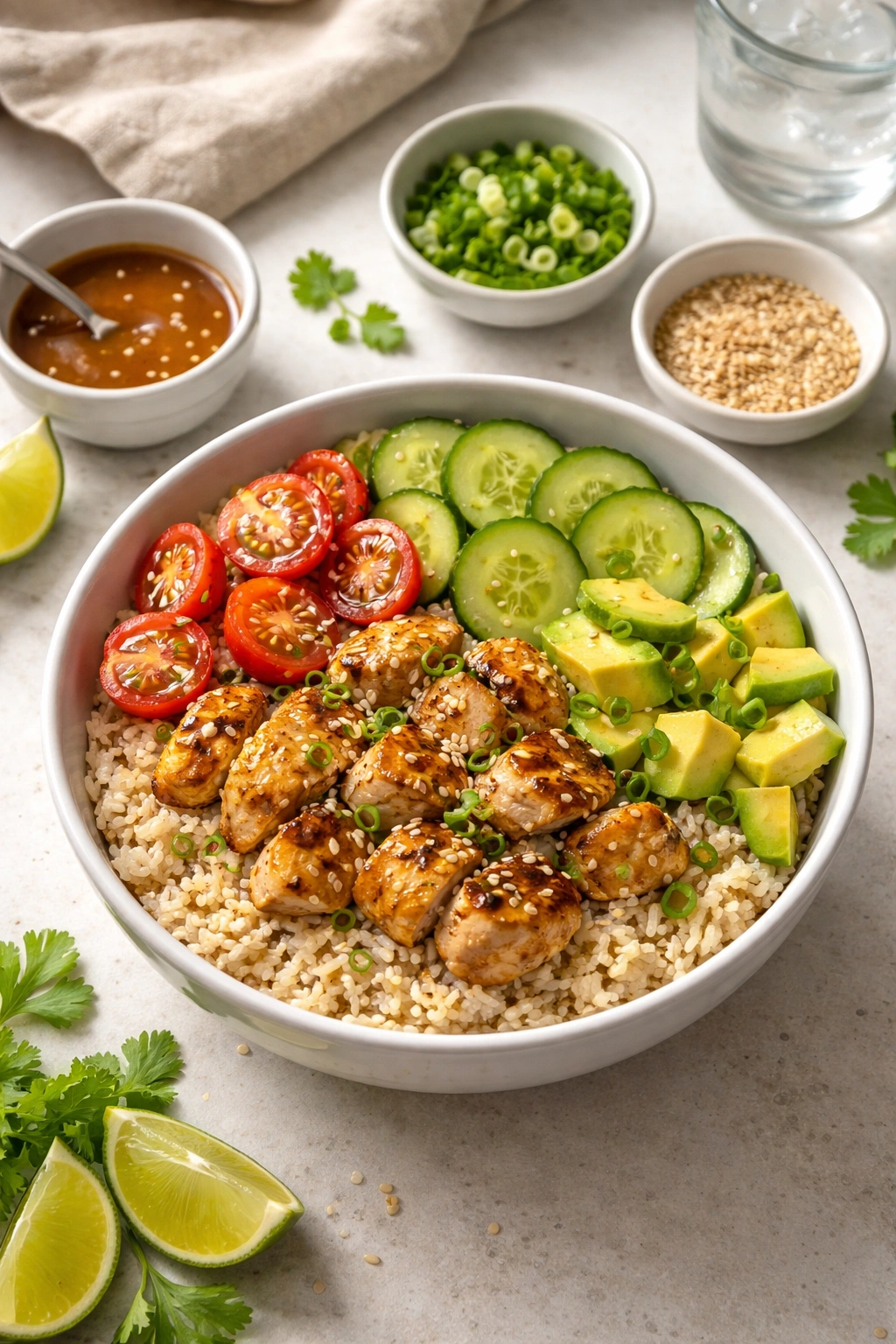 Close-up of a chicken rice bowl showing rice base, chicken, vegetables, and sauce for assembly.