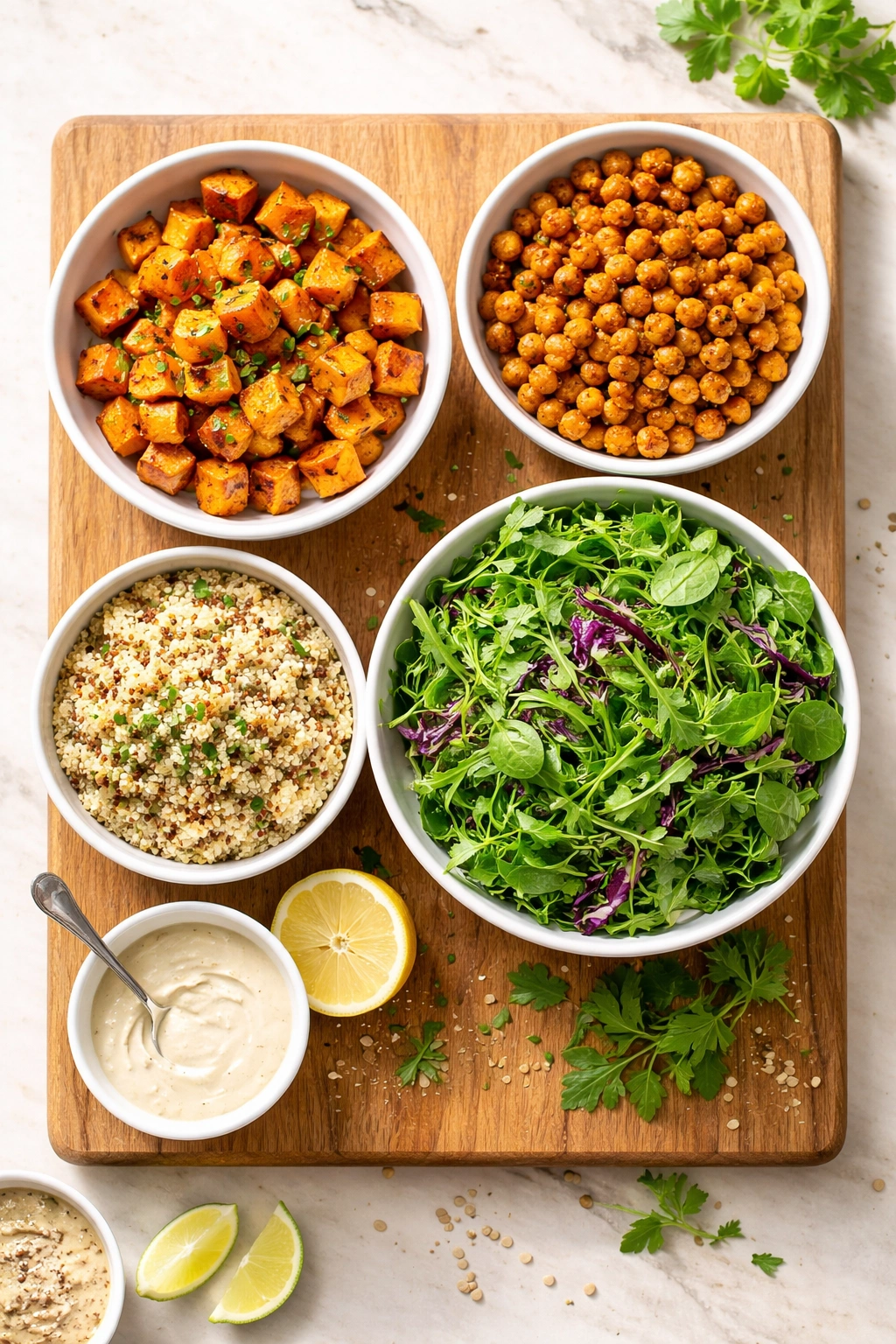 Overhead view of arranged bowl components: sweet potatoes, chickpeas, quinoa, greens