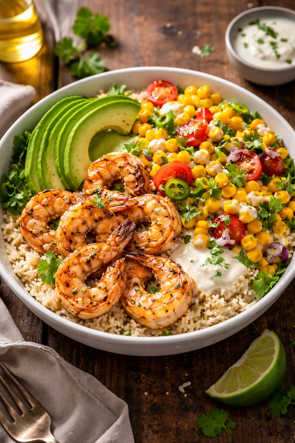 Close-up of a complete grilled shrimp bowl with avocado and corn salsa