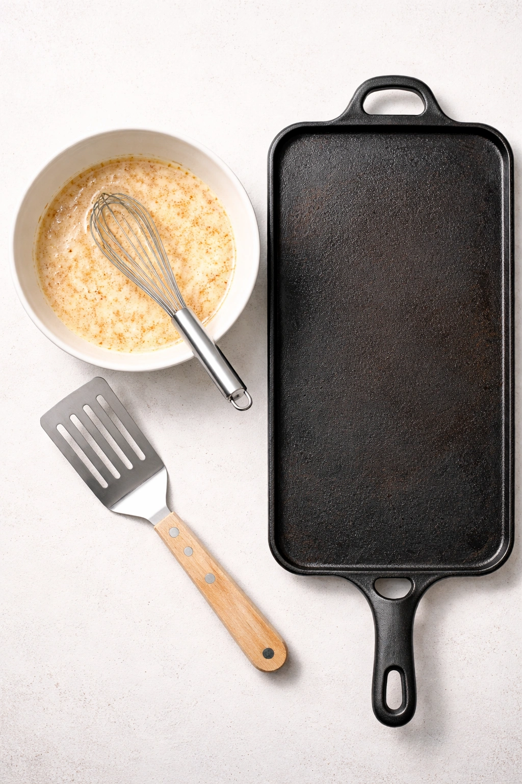 French toast equipment top-down with bowl whisk griddle spatula