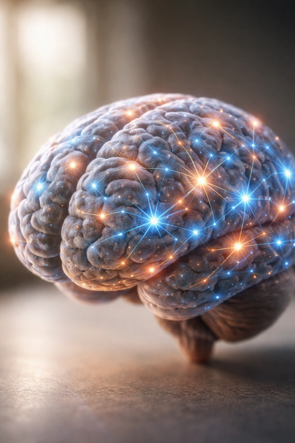 Photorealistic brain with glowing neural connections