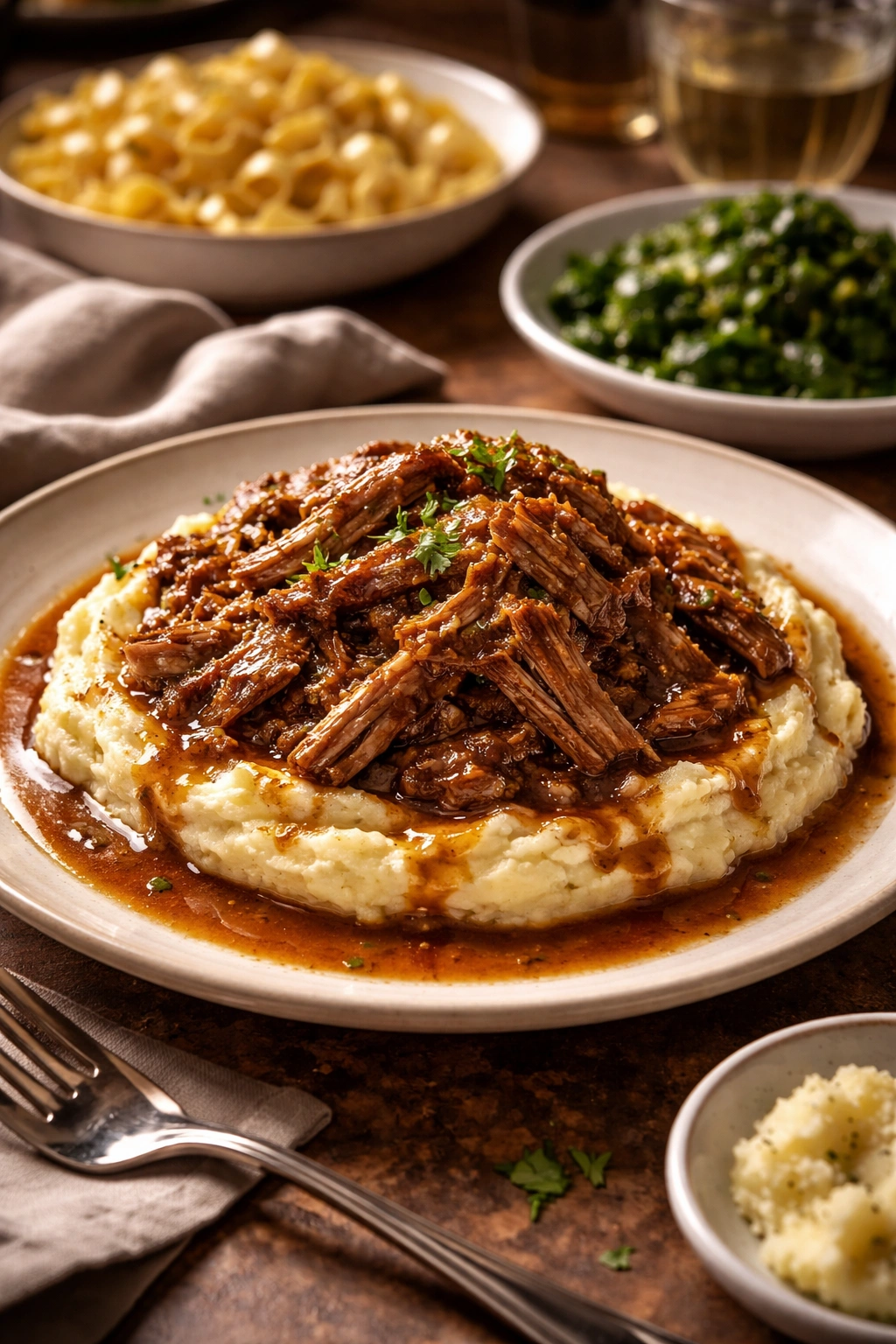 Plated shredded braised pork on creamy mashed potatoes with sauce