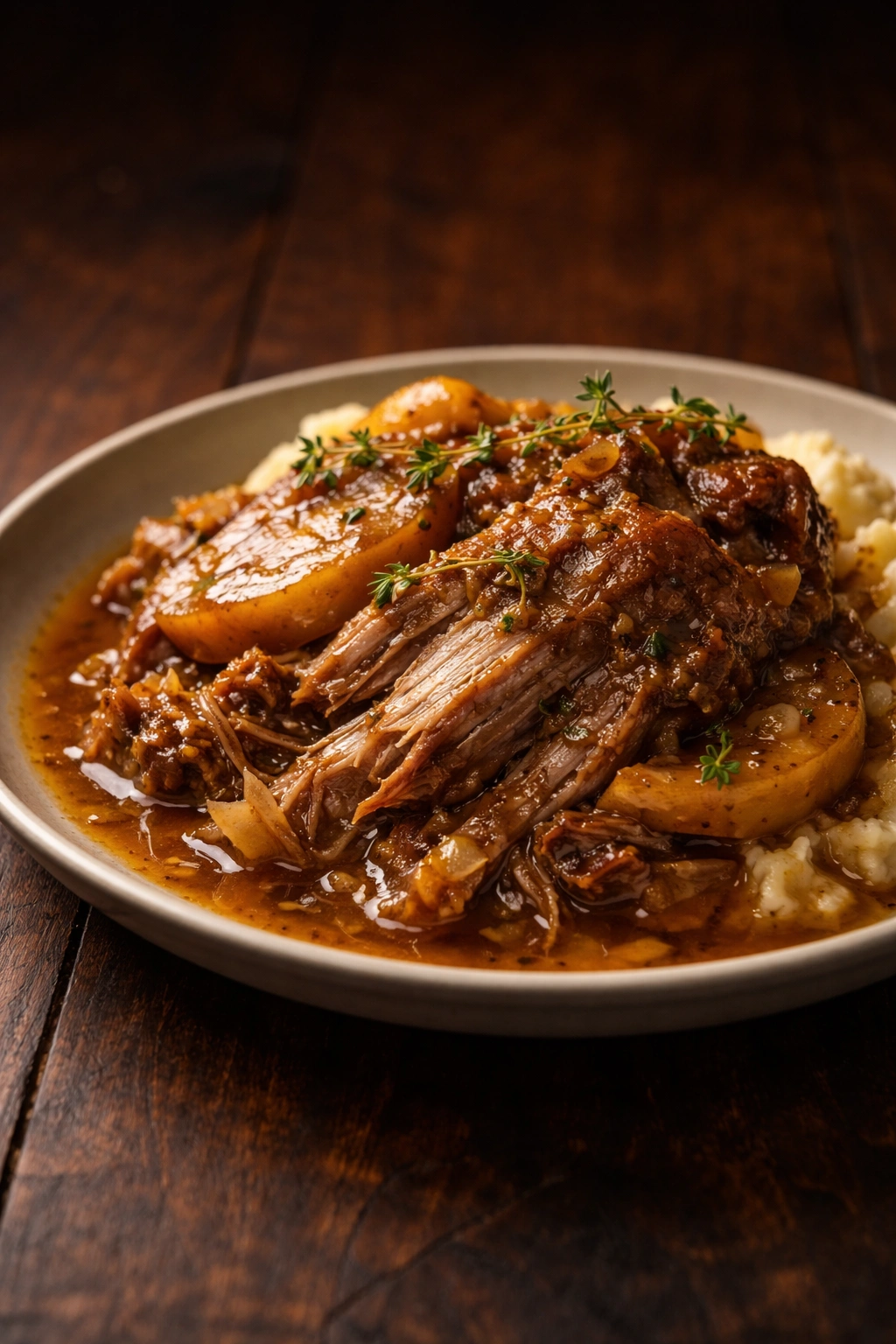 Plate of apple cider braised pork in warm kitchen light, thoughtful mood
