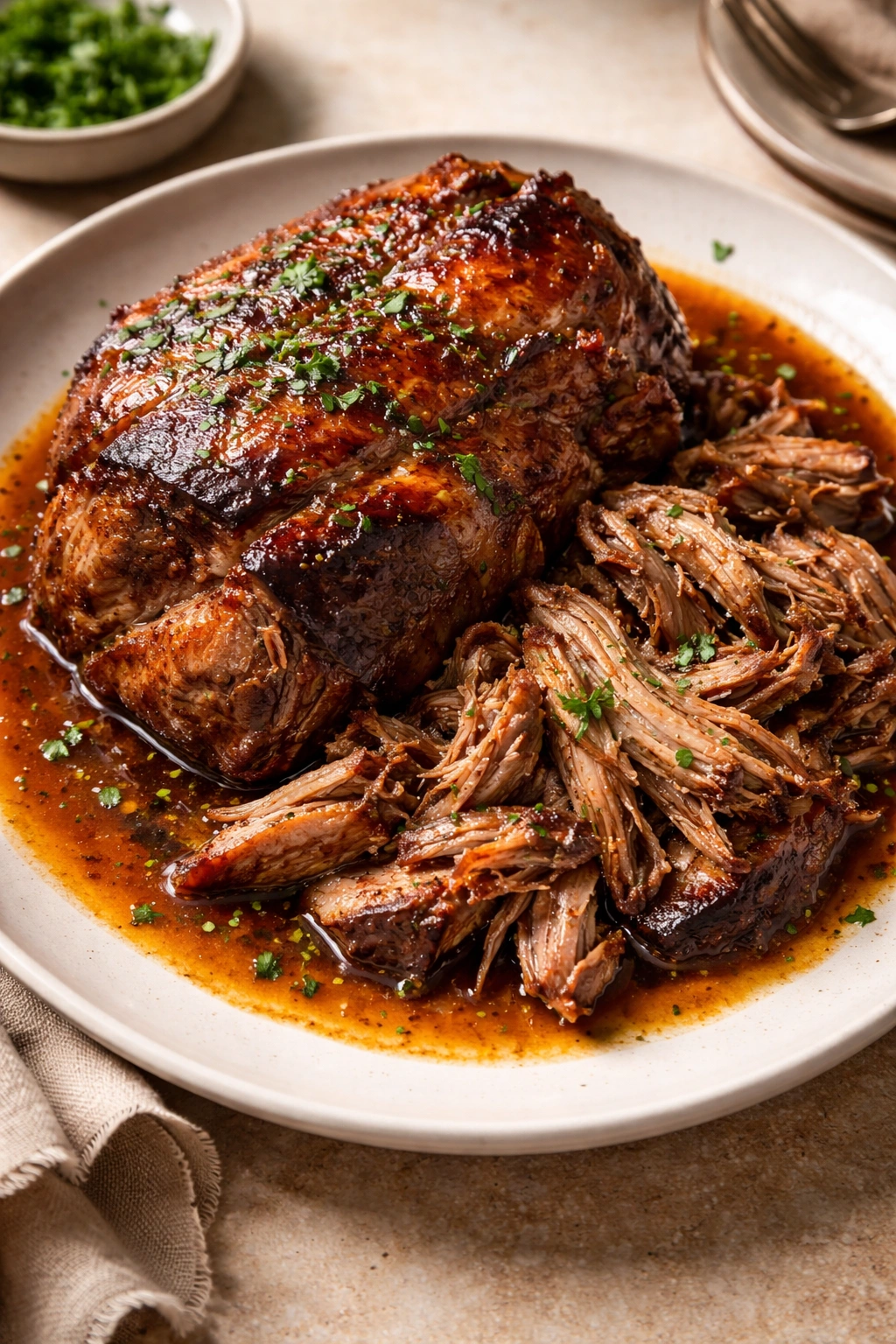 Braised pork shoulder on plate with glossy sauce