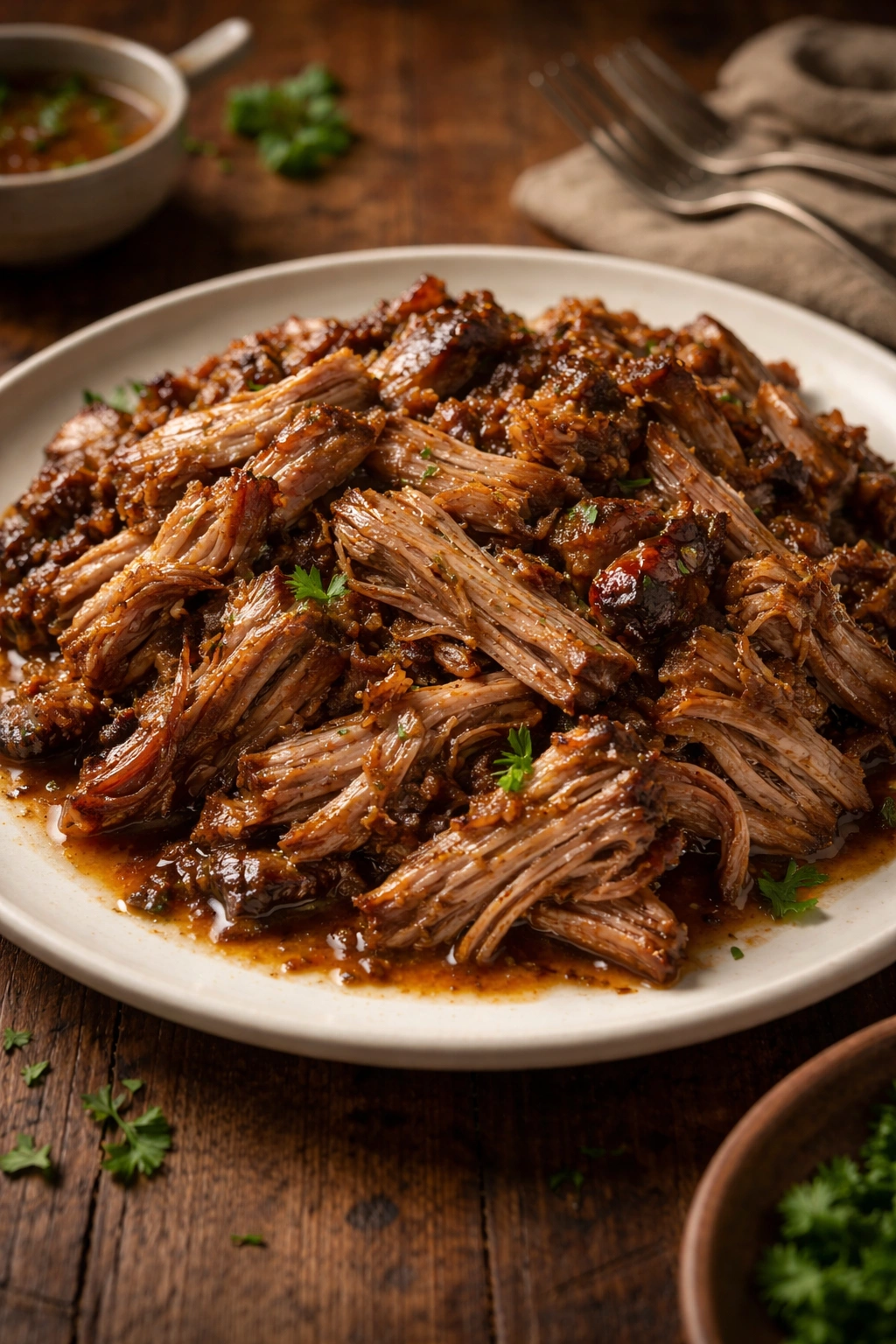 Plate of braised pork shoulder with glossy tender meat on a simple plate