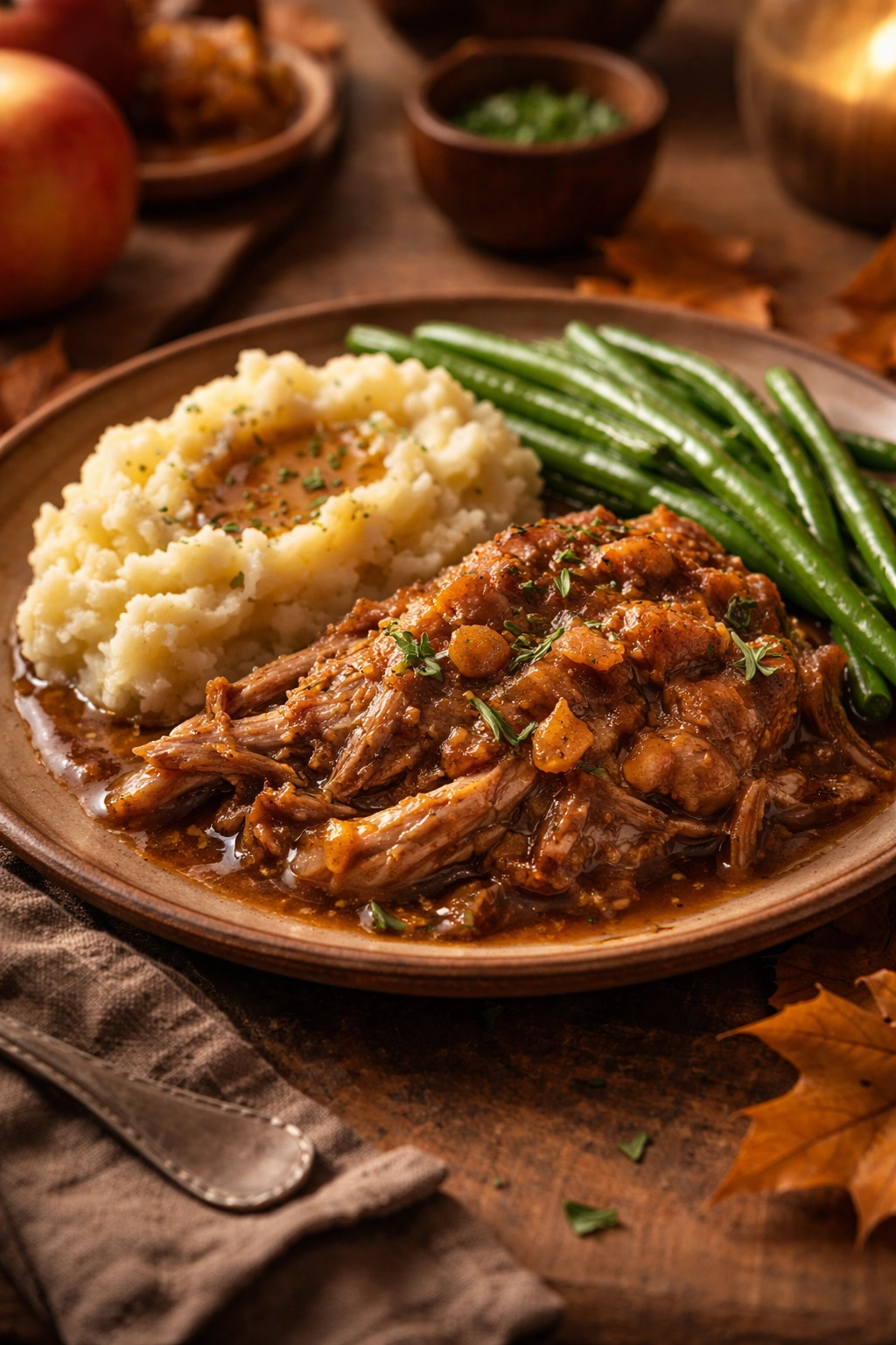 Braised pork with mashed potatoes and green beans on a rustic plate, autumn dinner