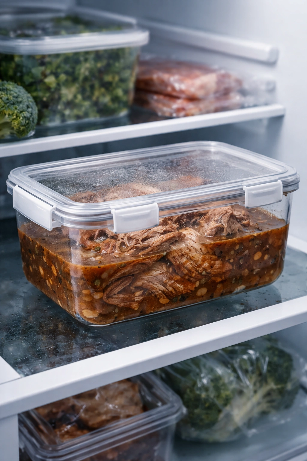 Airtight container with braised pork and liquid in the fridge