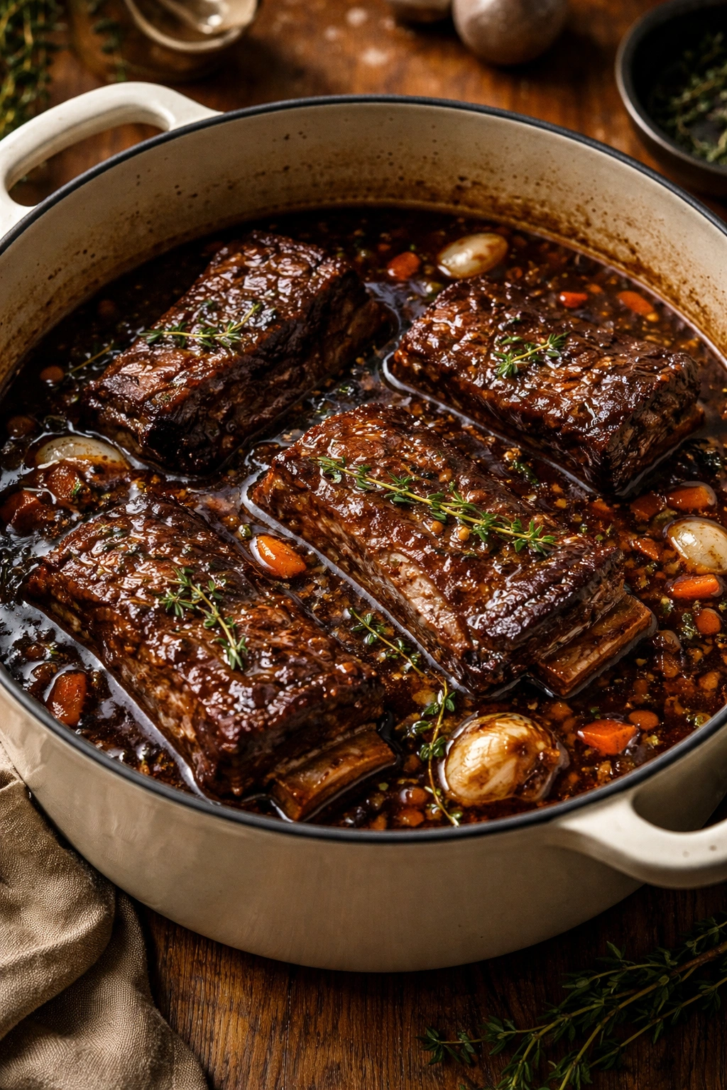 The Braise close-up of short ribs submerged in dark braising liquid inside a heavy pot
