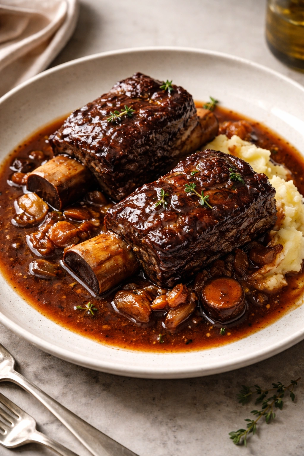 Two bone-in short ribs plated with glossy sauce on a simple plate
