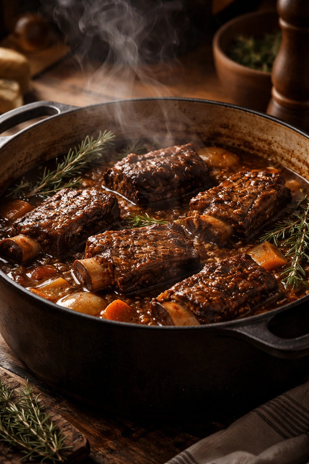 Close-up of braised short ribs in a cast-iron pot with steam