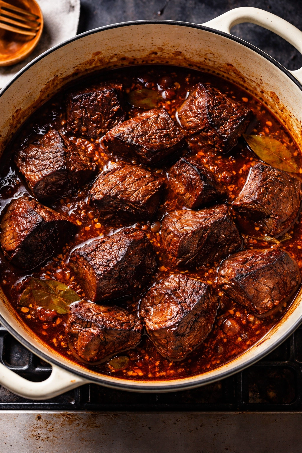 Beef chunks seared in a Dutch oven with braising liquid