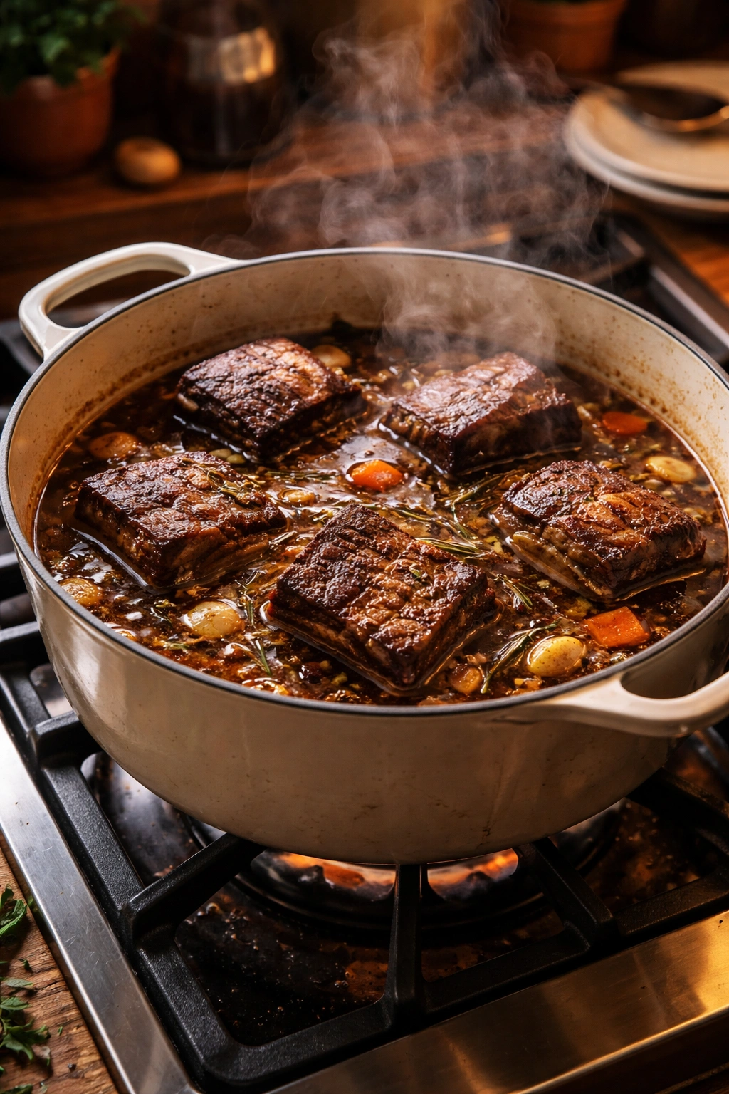 Dutch oven with braising meat in liquid and rising steam