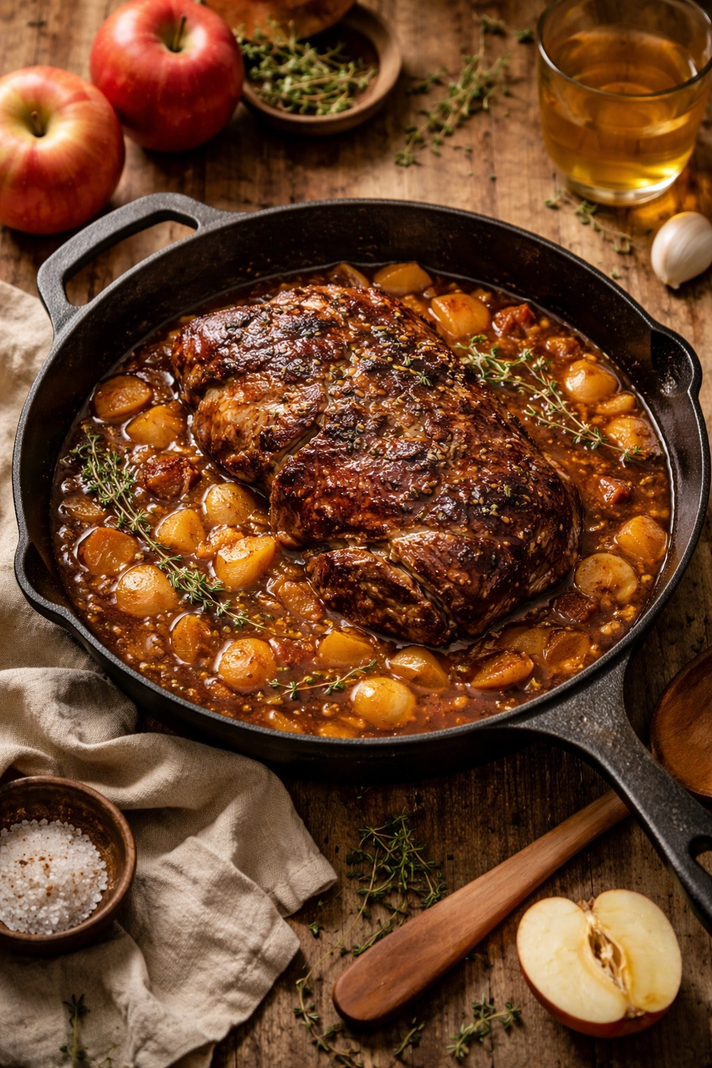 Pork with deep browning and rich reduced sauce illustrating proper technique.