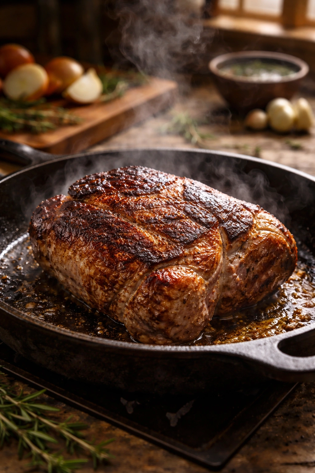 Close-up of pork shoulder searing in cast iron, showing Maillard crust.