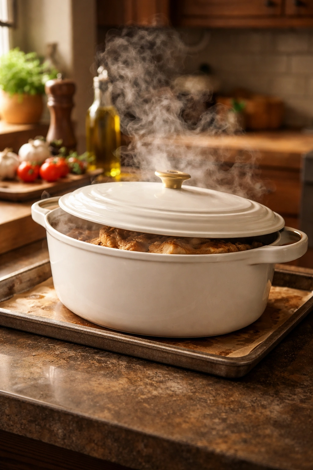 Covered casserole with steam rising, illustrating braising technique
