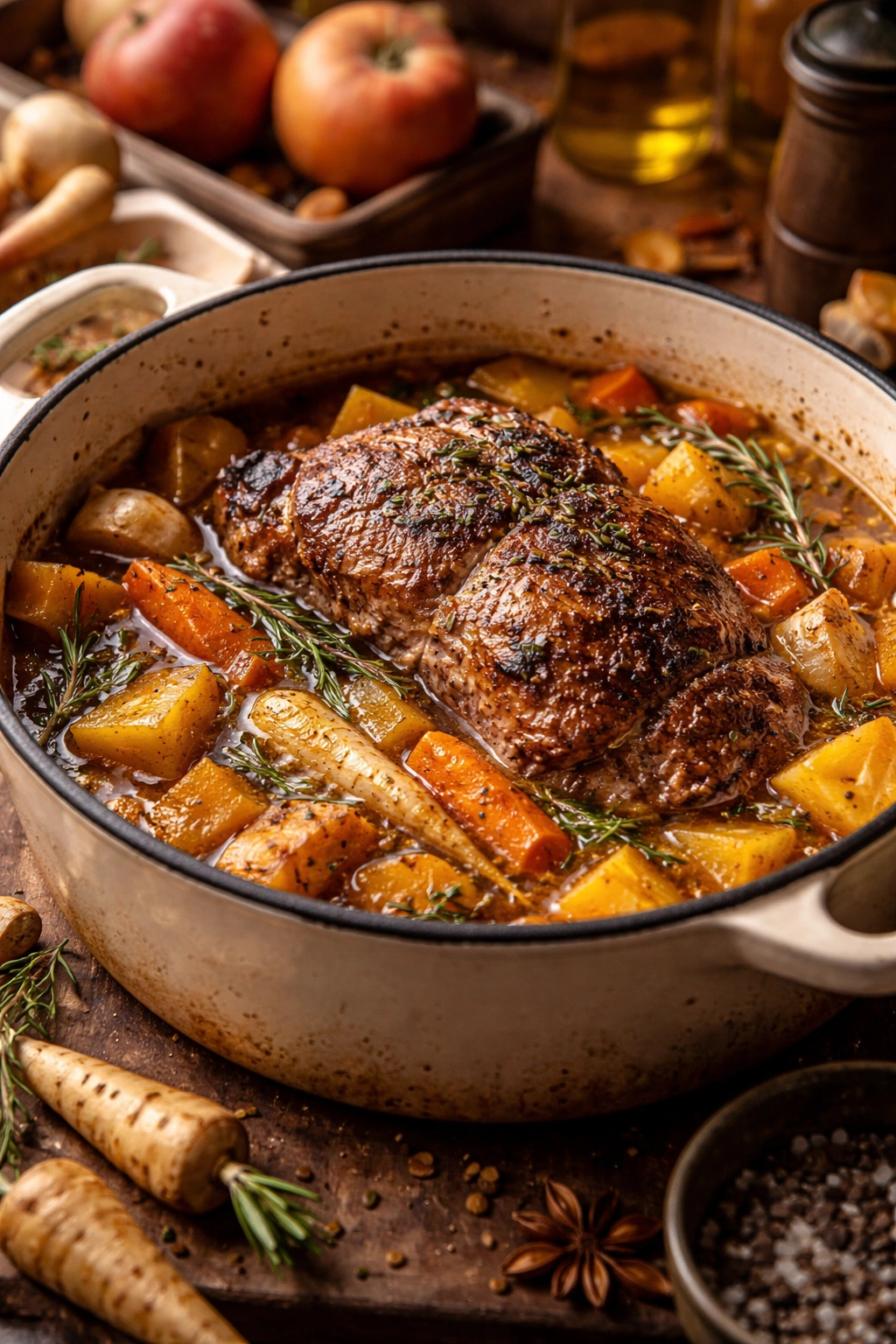 Pork braise with root vegetables in amber glaze showing autumn variations.