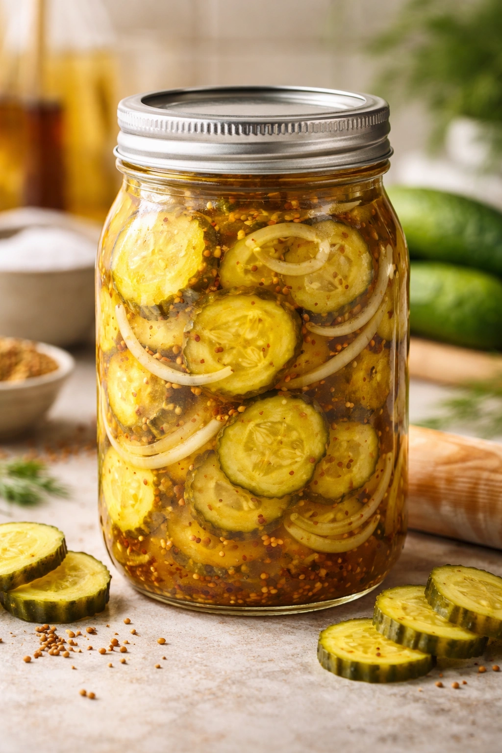 Close-up of a jar of bread and butter pickles with onion rings in brine