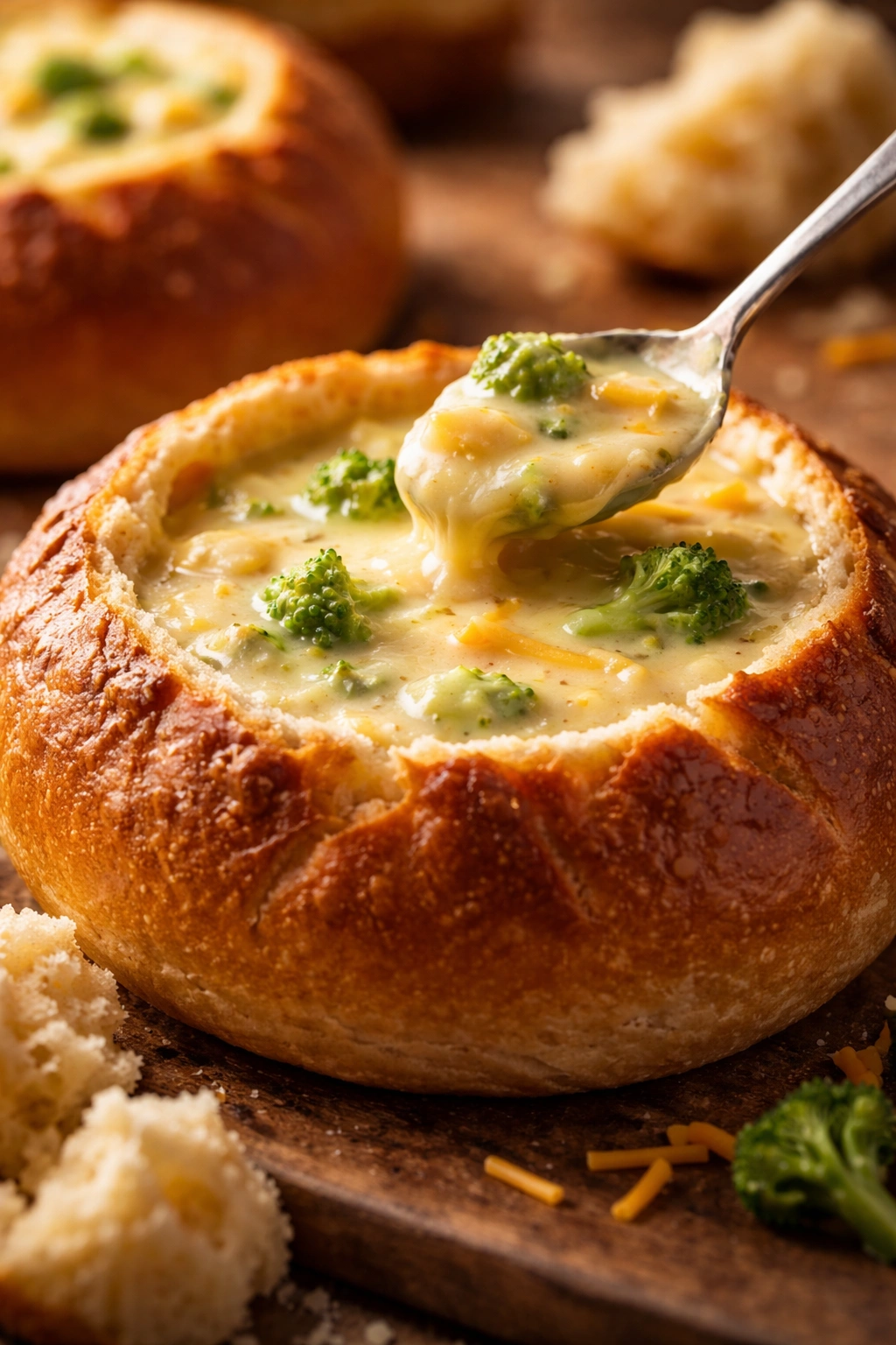 Bread bowl with creamy broccoli cheddar soup