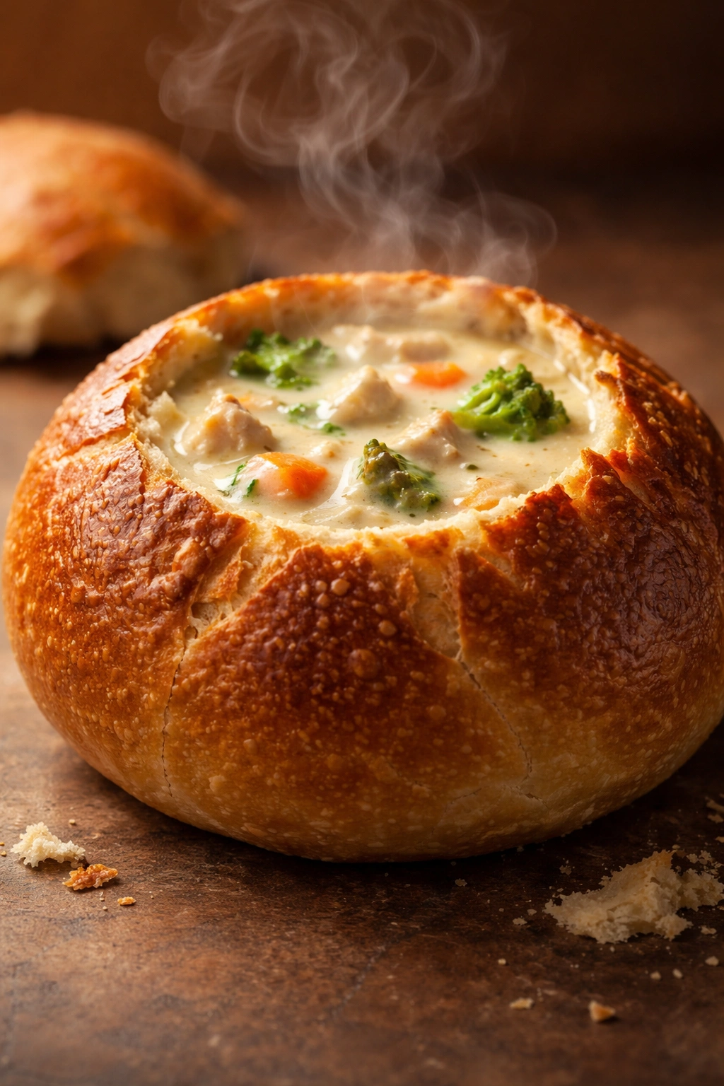 Close-up of a golden bread bowl filled with creamy soup and rising steam.