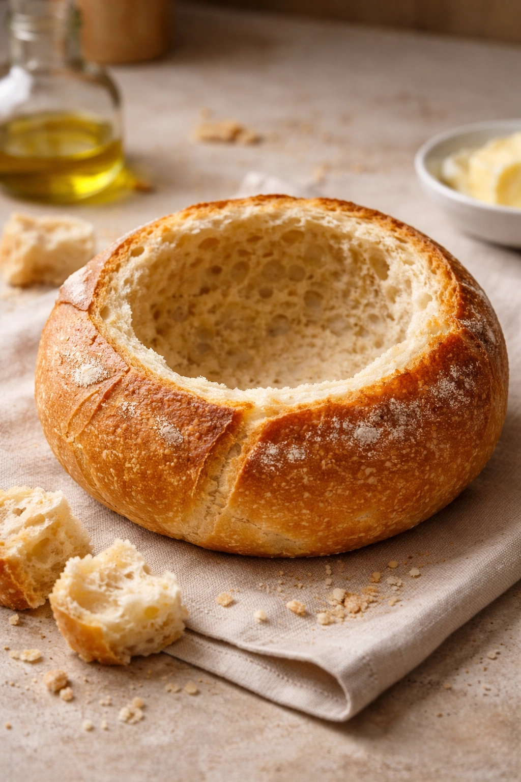 Hollowed rustic bread bowl with a warm crust on a neutral surface.