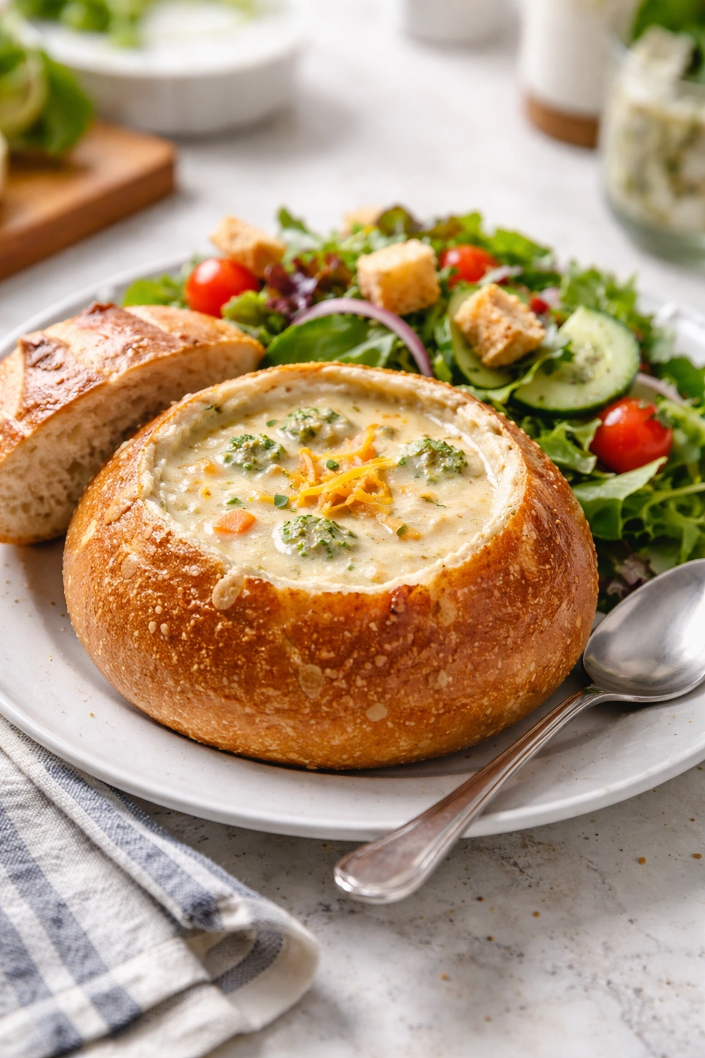 Bread bowl with side salad on plate for serving ideas