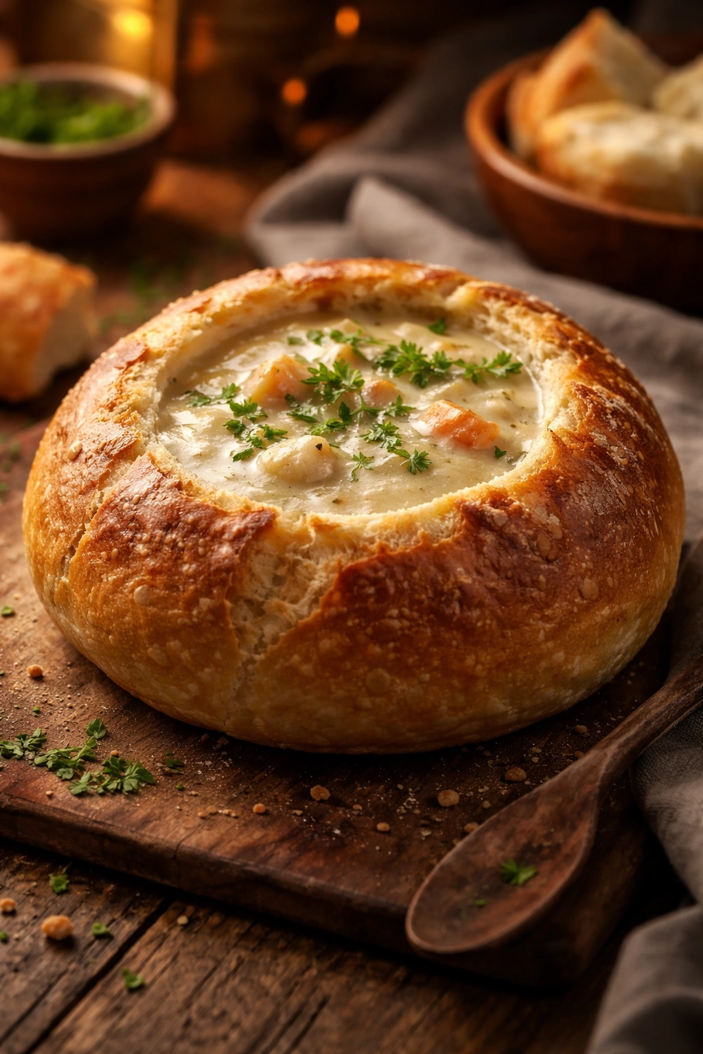 Single bread bowl on wooden table with soup, warm cozy kitchen mood