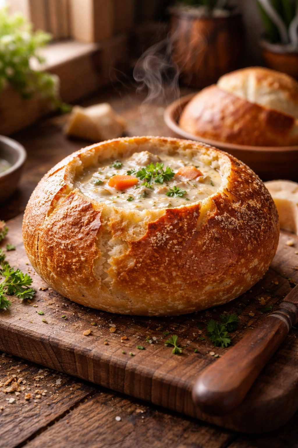 Close-up of a rustic artisanal bread bowl with steaming soup inside