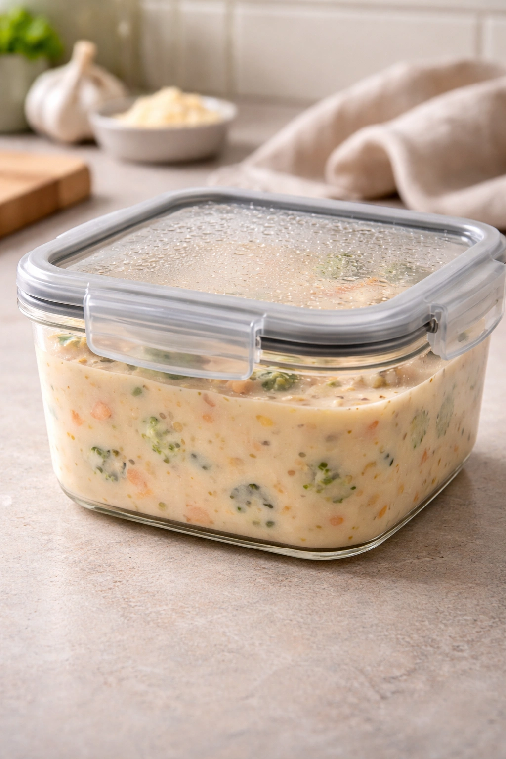 Glass storage container of cream soup ready for refrigeration