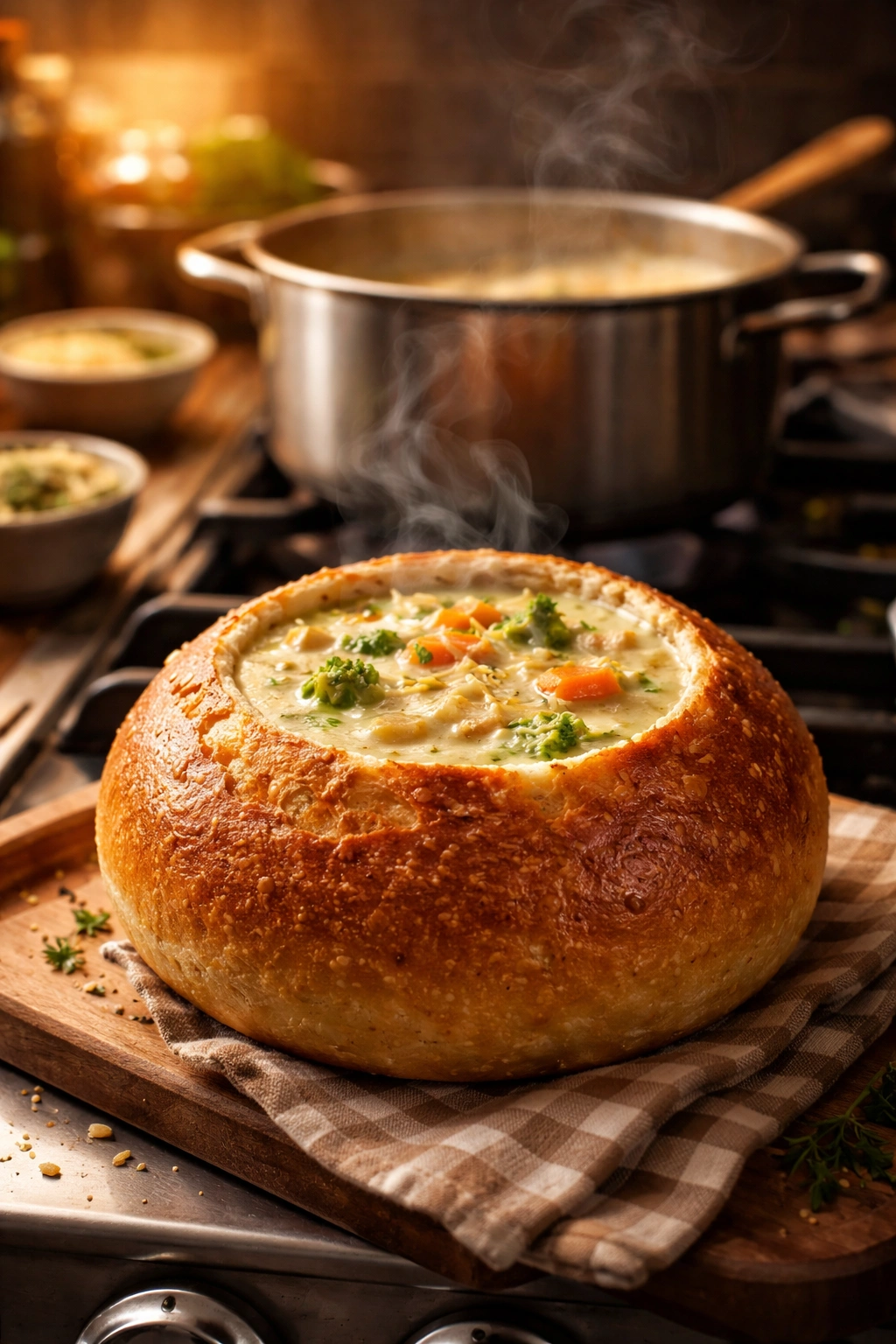 Bread bowl on stove with steam rising from soup in the background