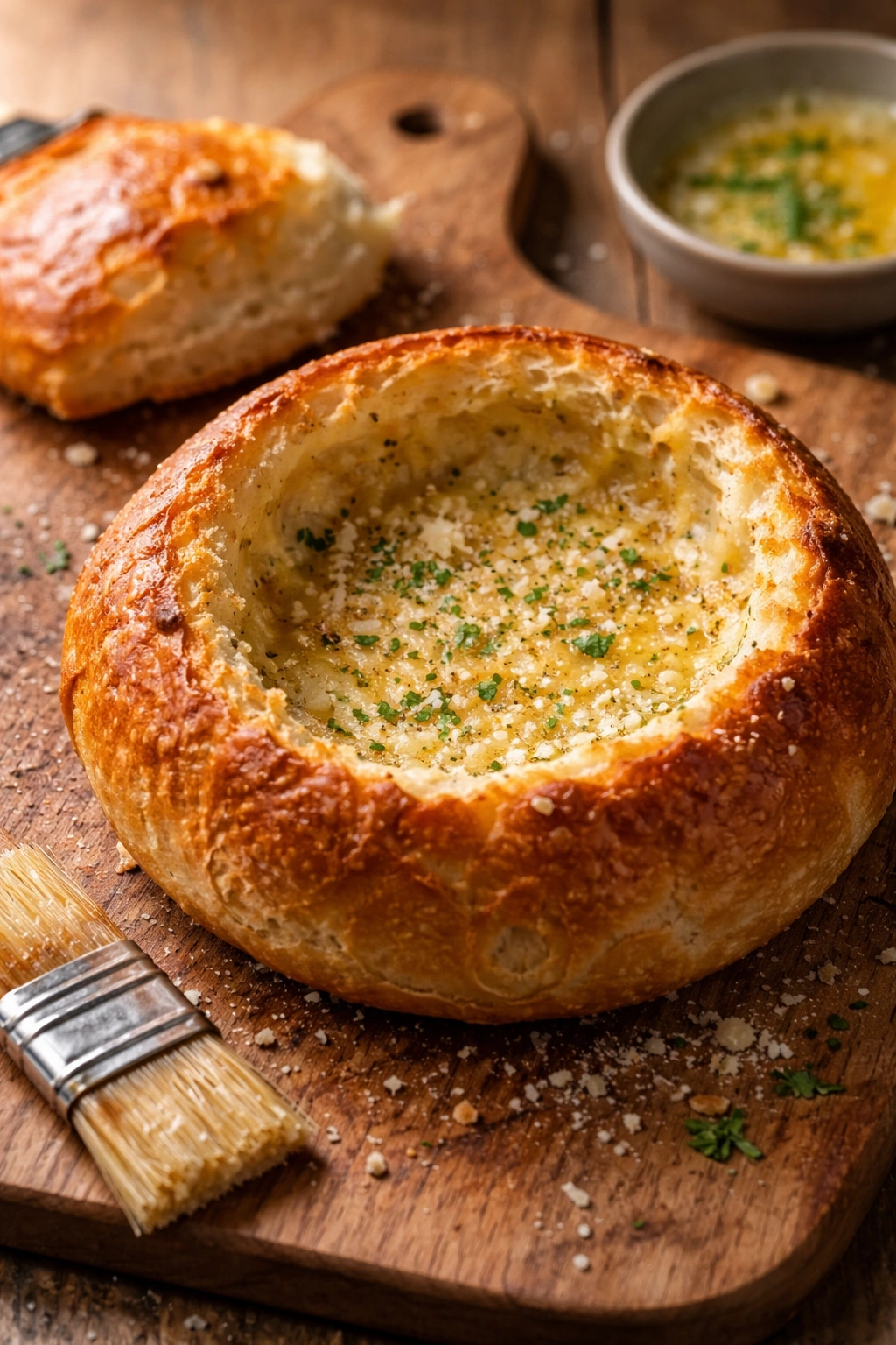 Close-up of a crusty bread bowl with melted butter brushed inside, ready for soup