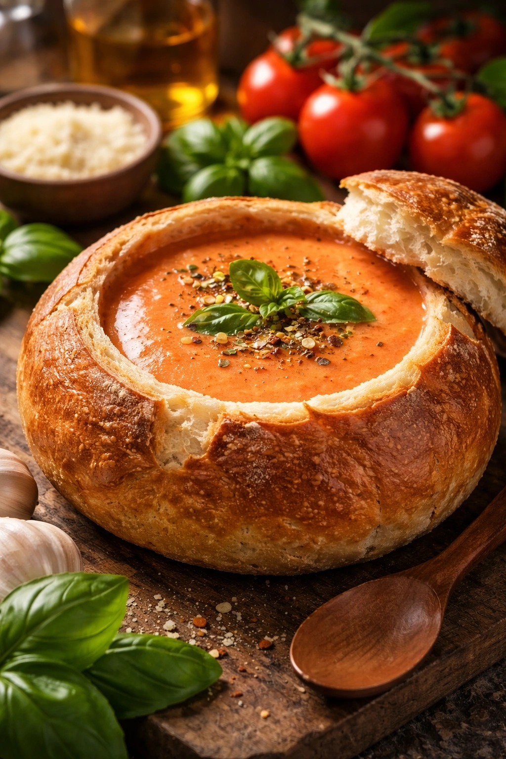 Bread bowl filled with creamy tomato soup and herbs