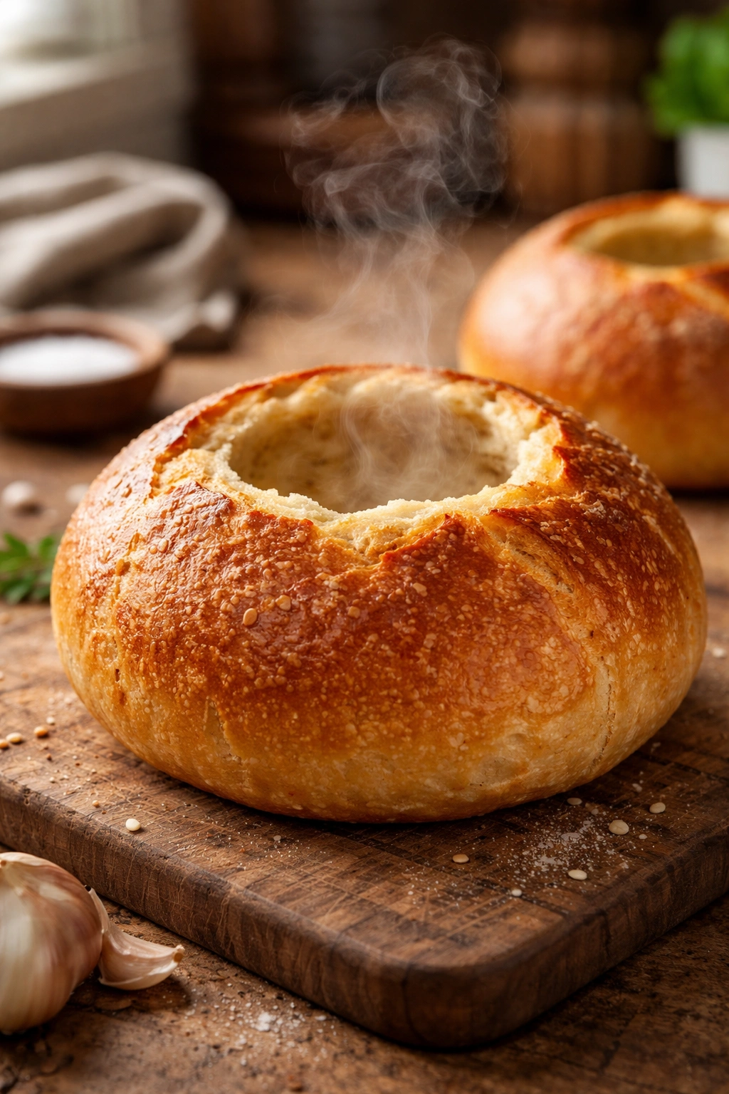 Close-up of a perfectly baked bread bowl with a golden crust and hollow interior