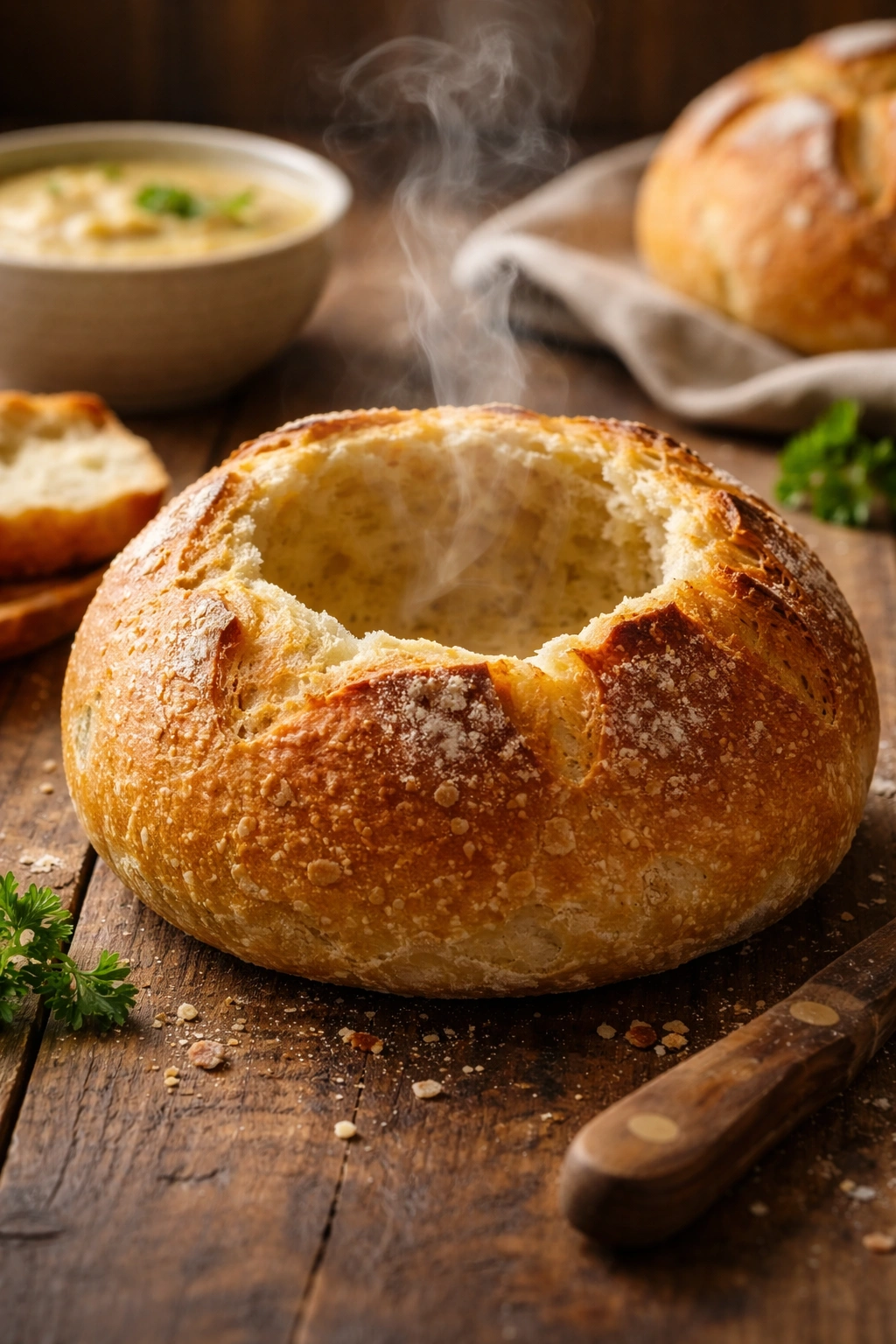 Crusty homemade bread bowl with hollow interior on wood