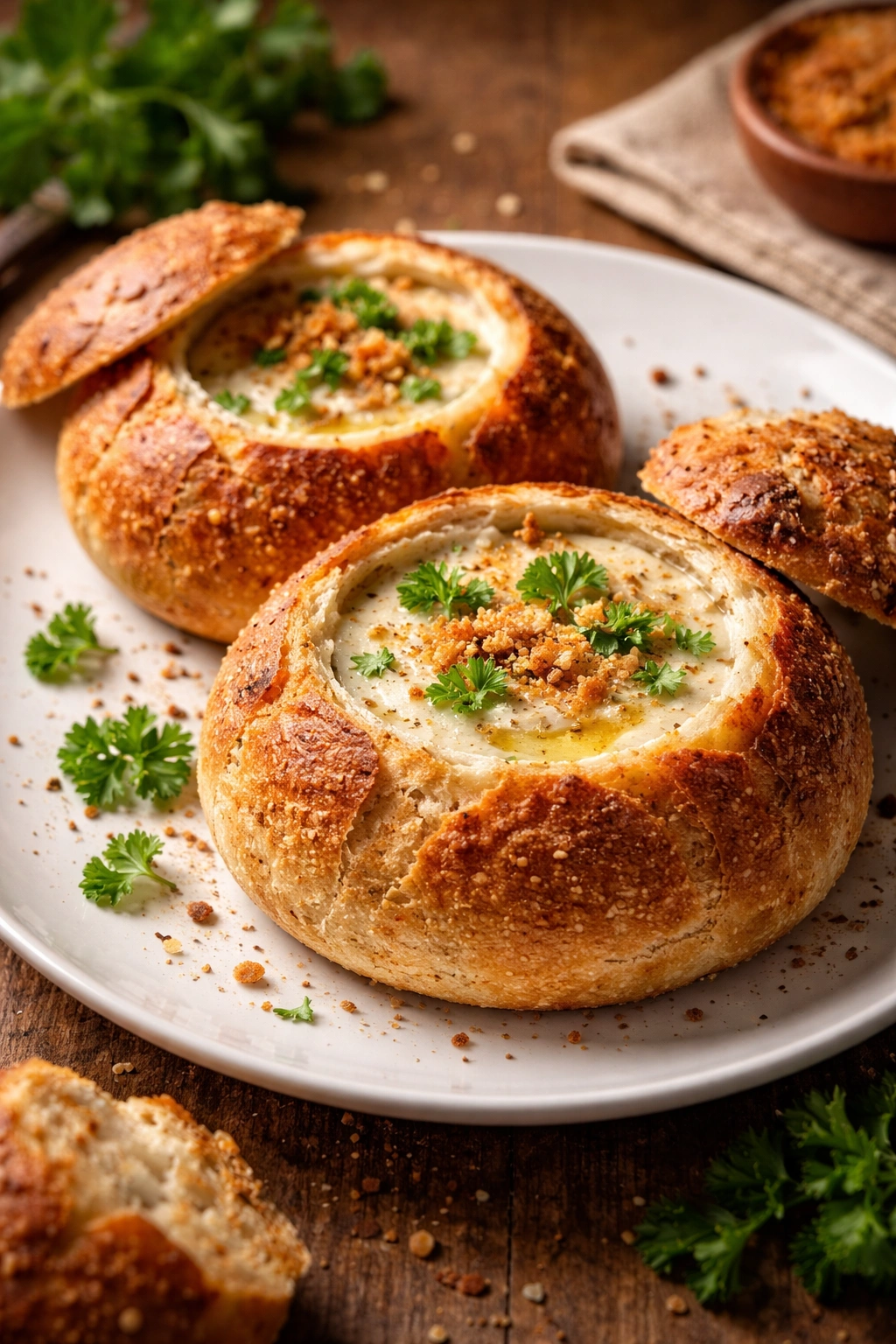 Bread bowl with soup on white plate, garnished with parsley and breadcrumbs