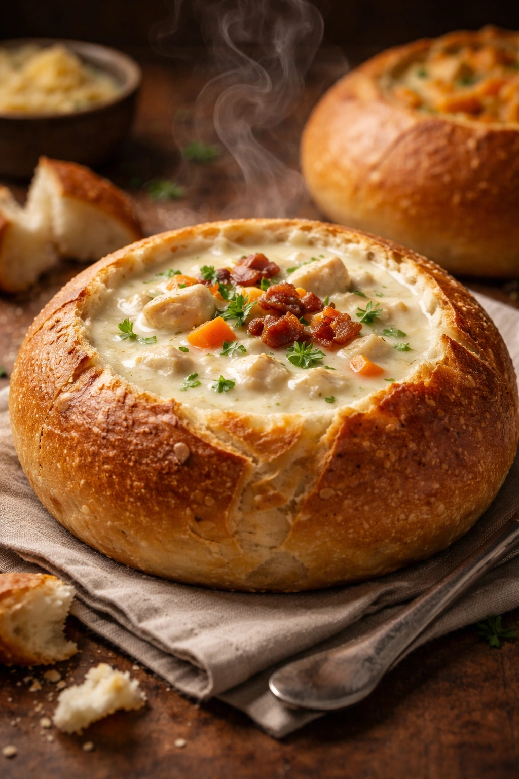 Bread bowl filled with creamy soup showing contrasting crust and filling