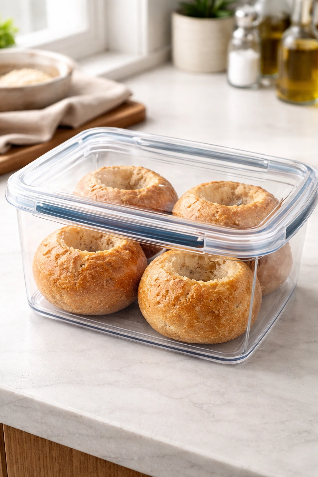 Bread bowls stored in an airtight container on a kitchen counter