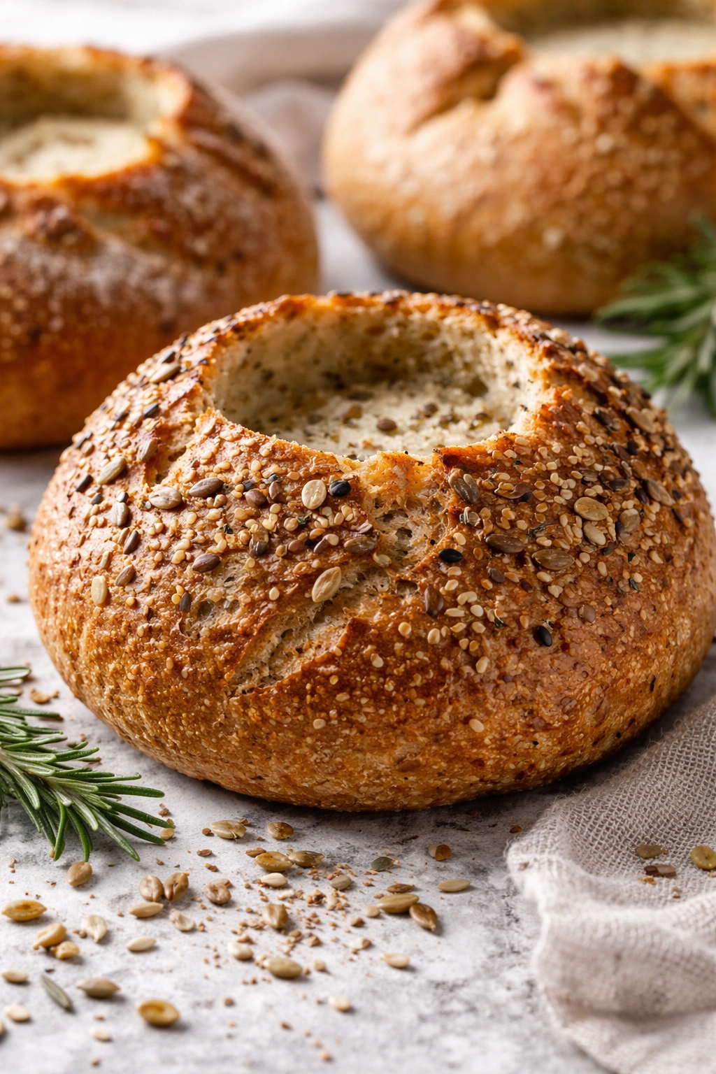 Bread bowl with sesame seeds and herbs on top showing crust texture