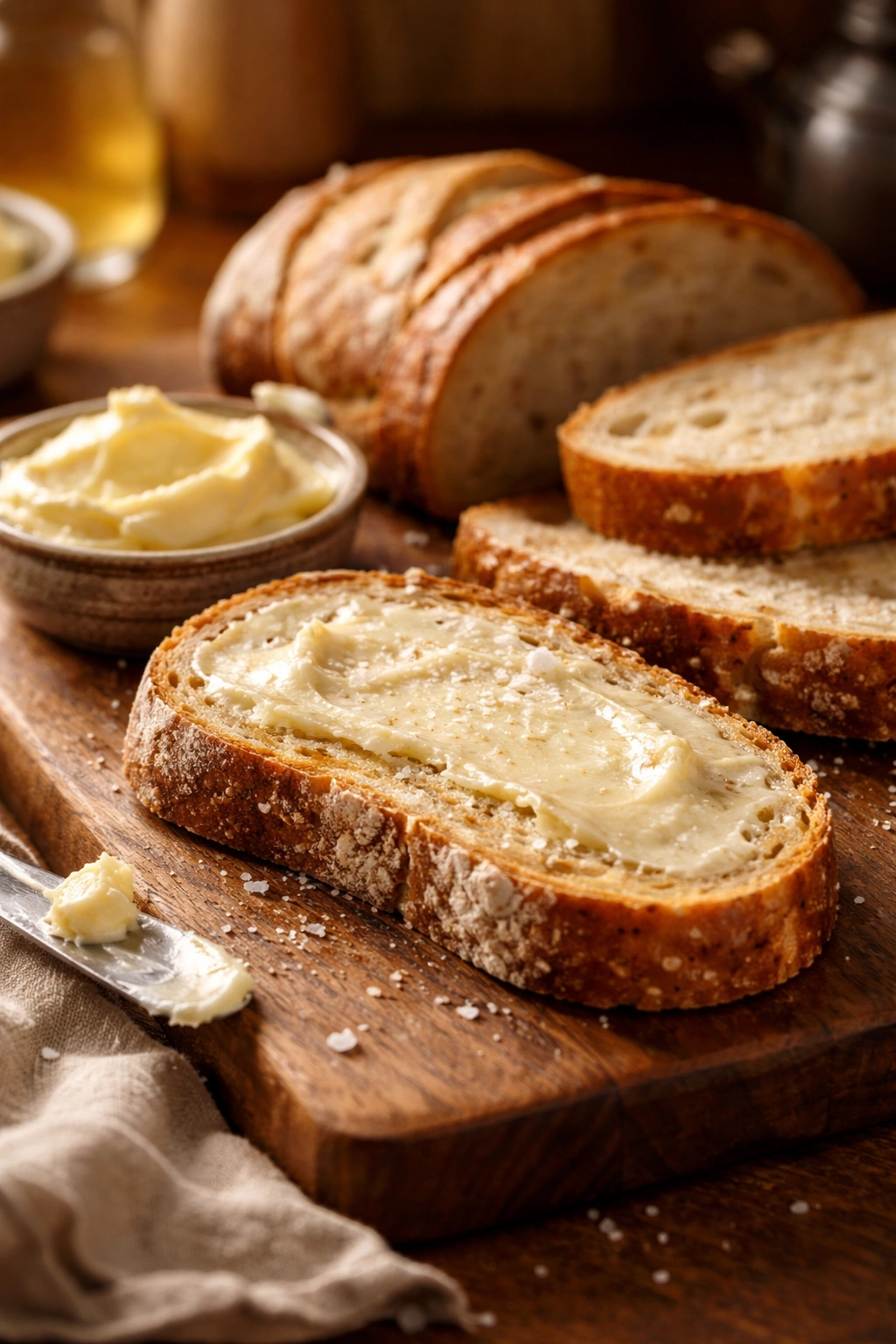 Close-up of rustic bread slices with butter on a wooden board, highlighting bread and butter foundation