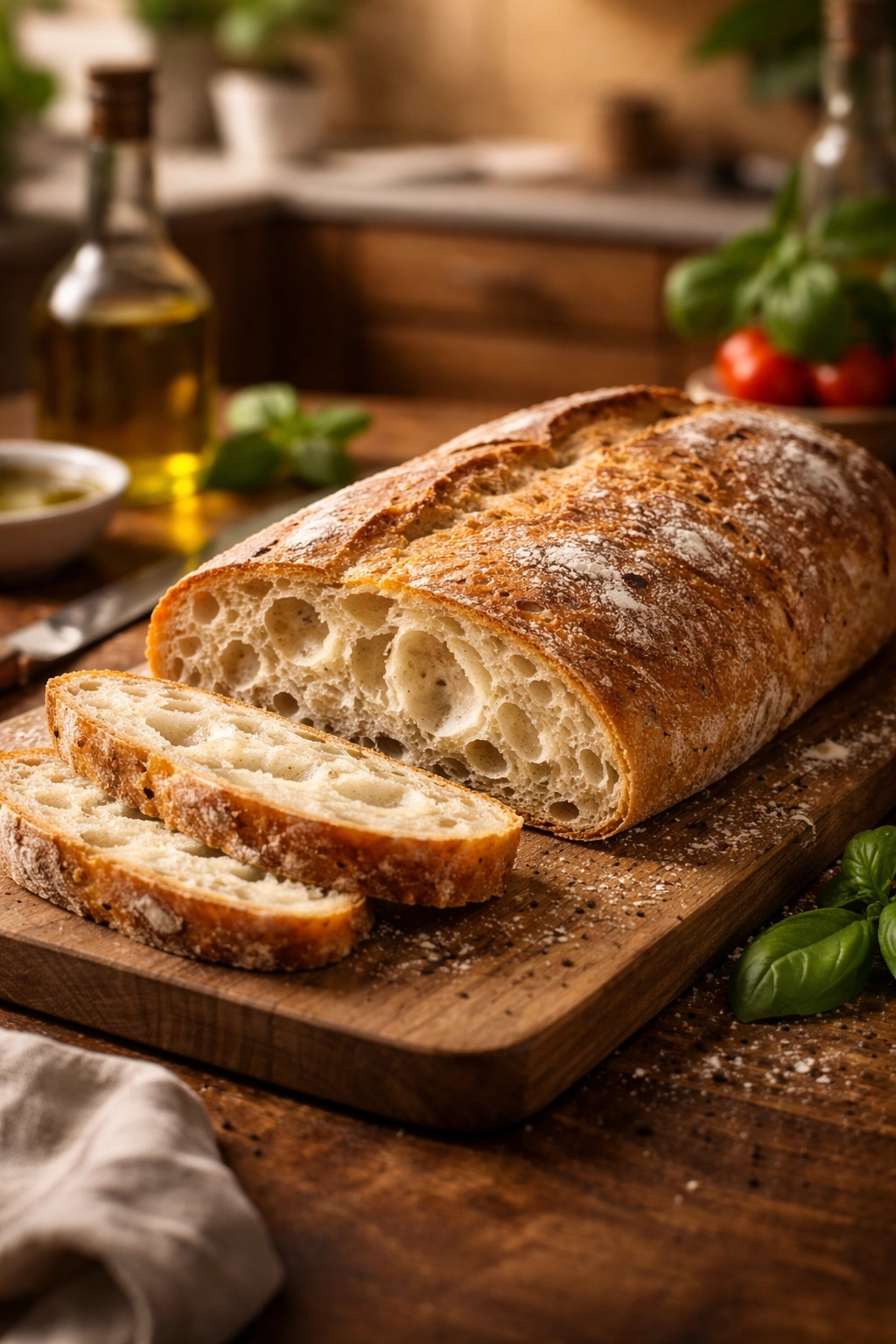 Rustic ciabatta loaf with crisp crust and open crumb on wooden board