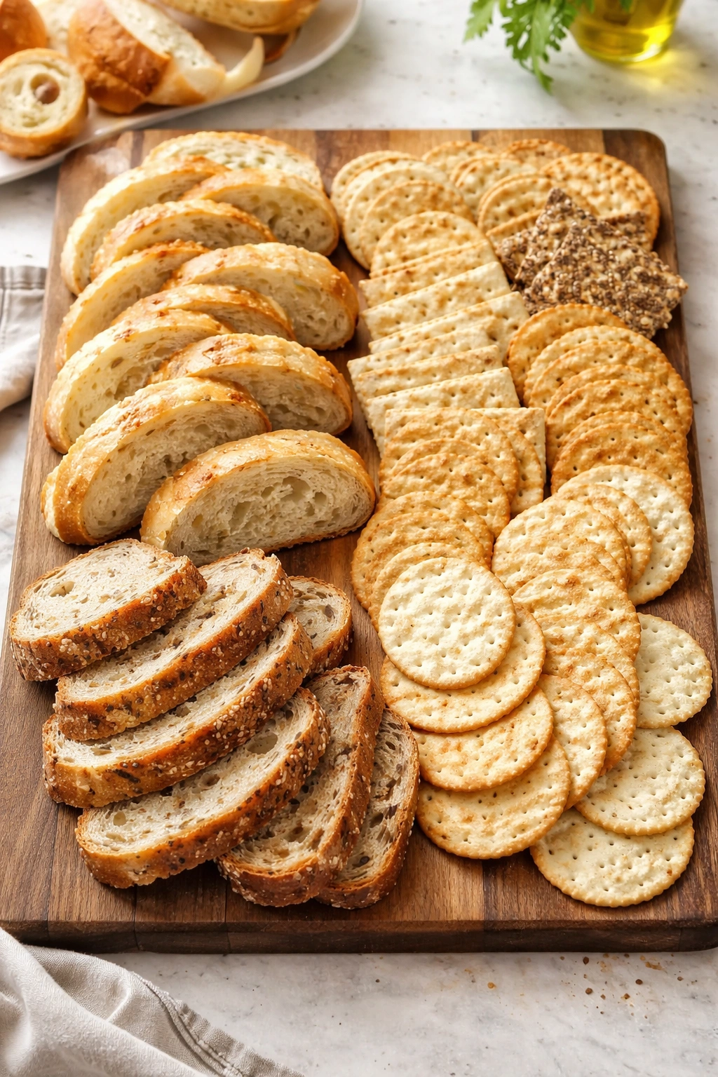 Crusty bread and crackers arranged on a brunch board.