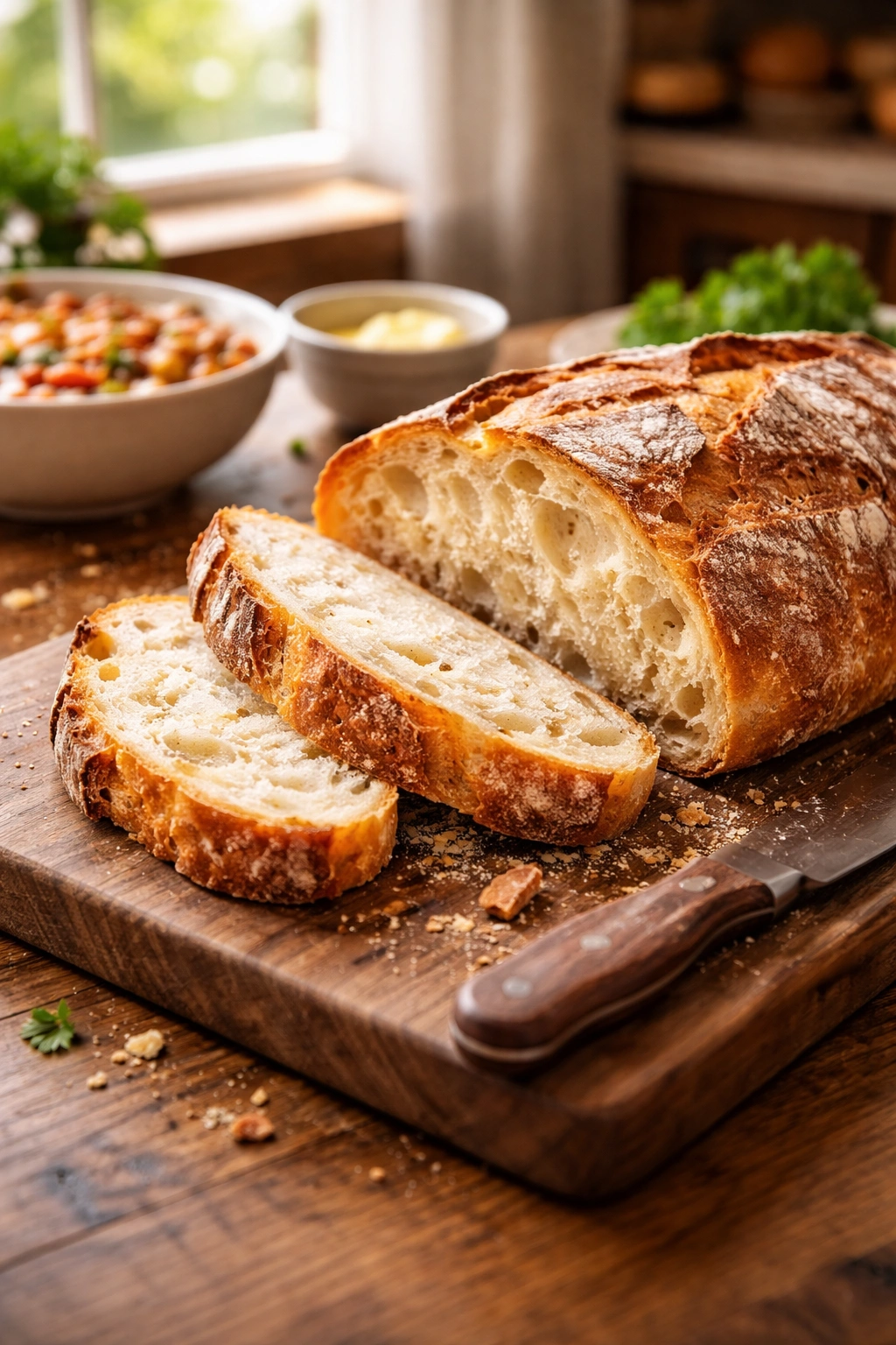 Close-up of crusty bread loaf on wooden board, showing texture