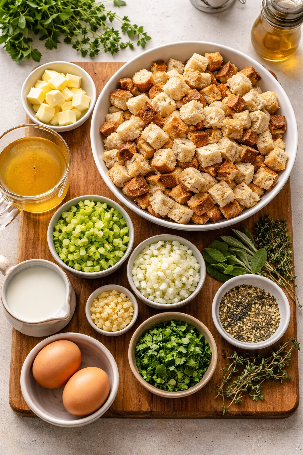 Bread dressing ingredients arranged on cutting board