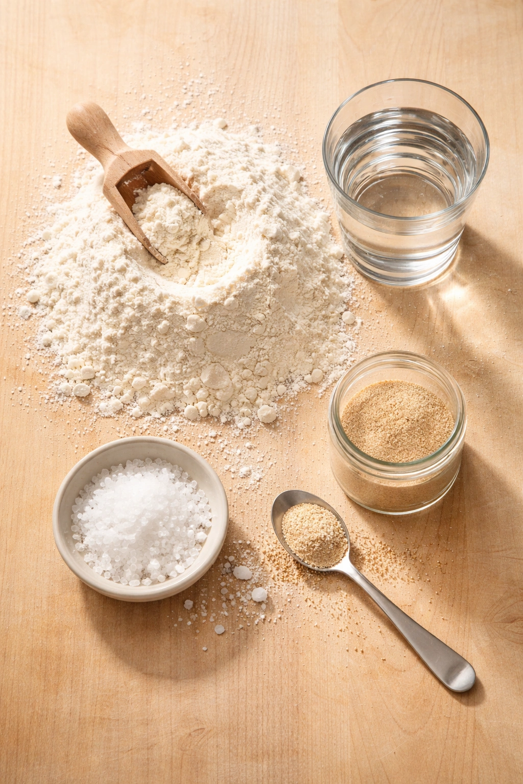 Overhead view of flour, water, salt, and yeast for bread dough