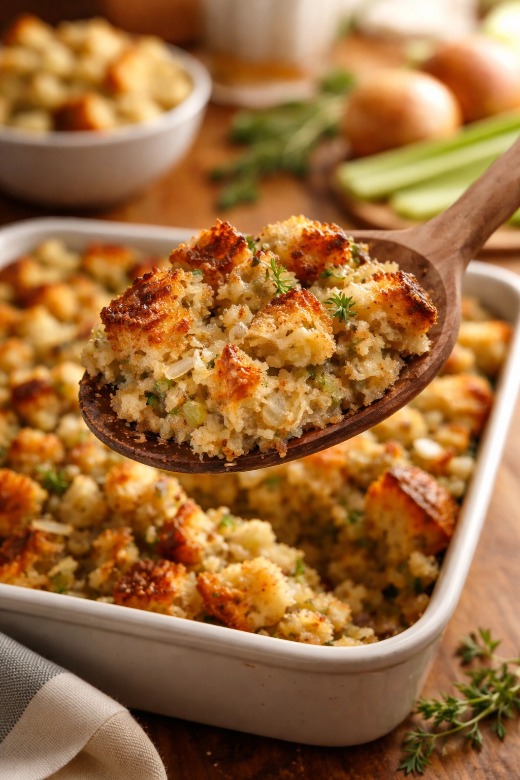 Slice of bread dressing with crisp top and moist crumb