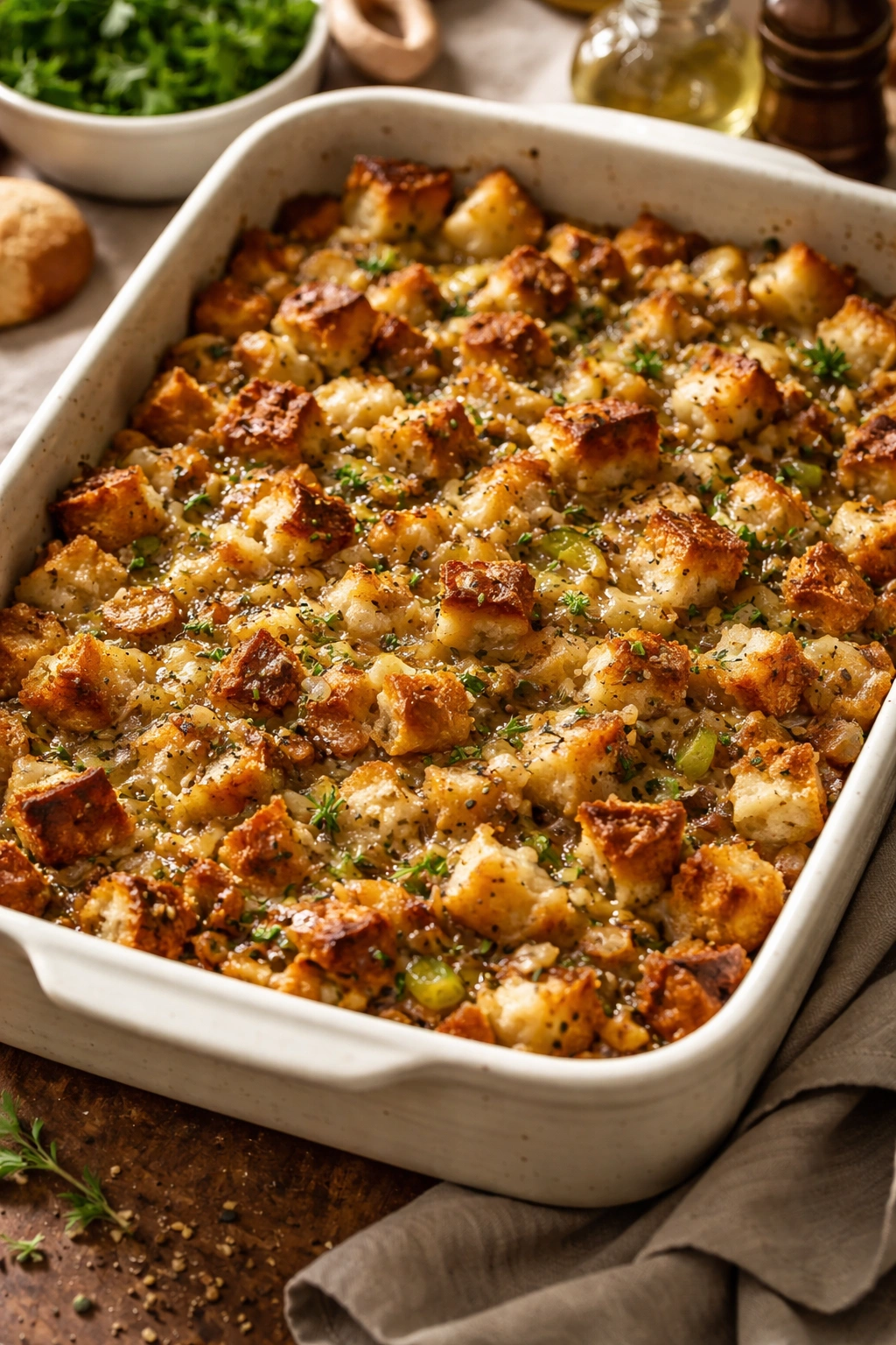 Close-up of golden bread dressing with caramelized aromatics in a baking dish