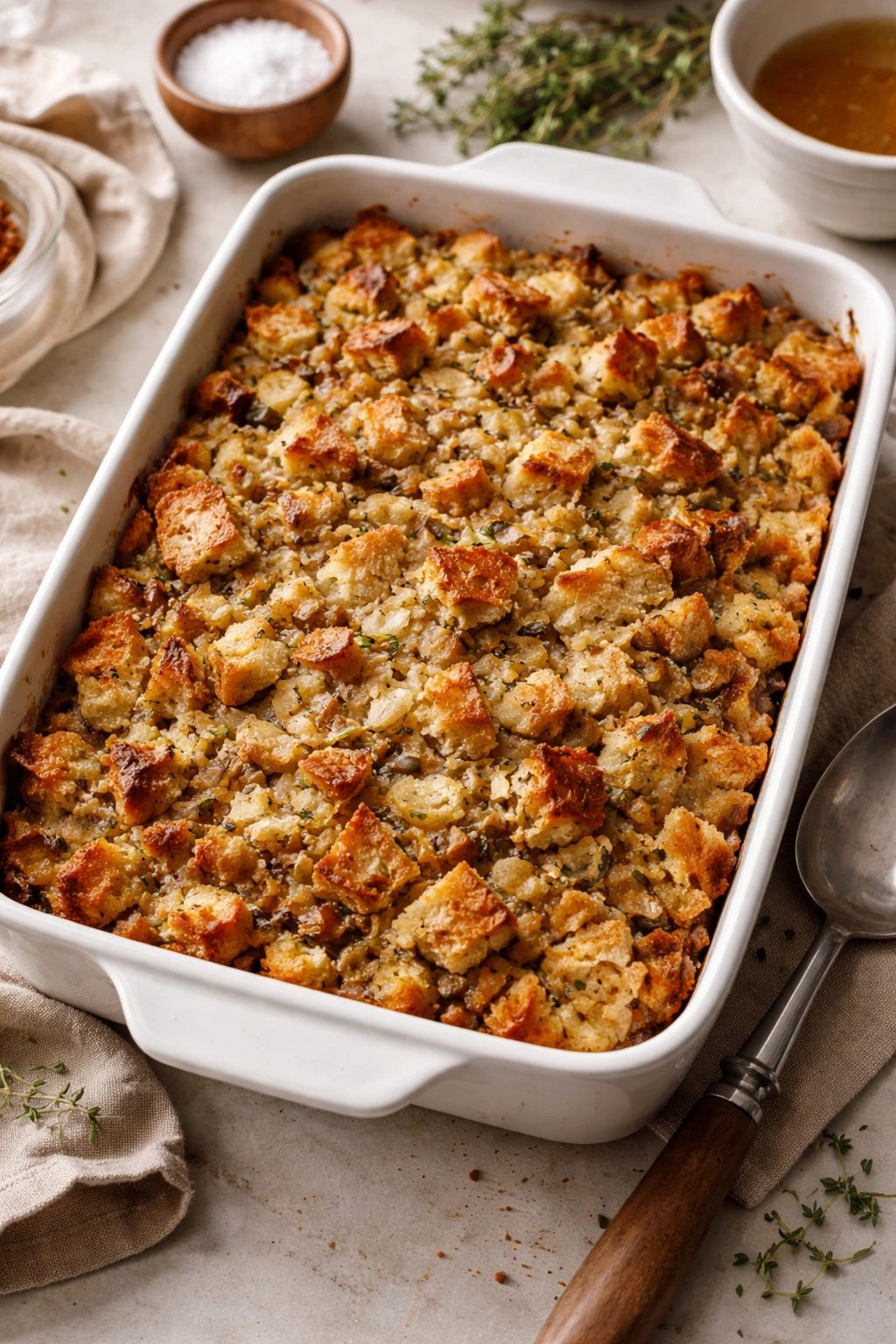 Finished bread dressing with glossy top and defined crumb